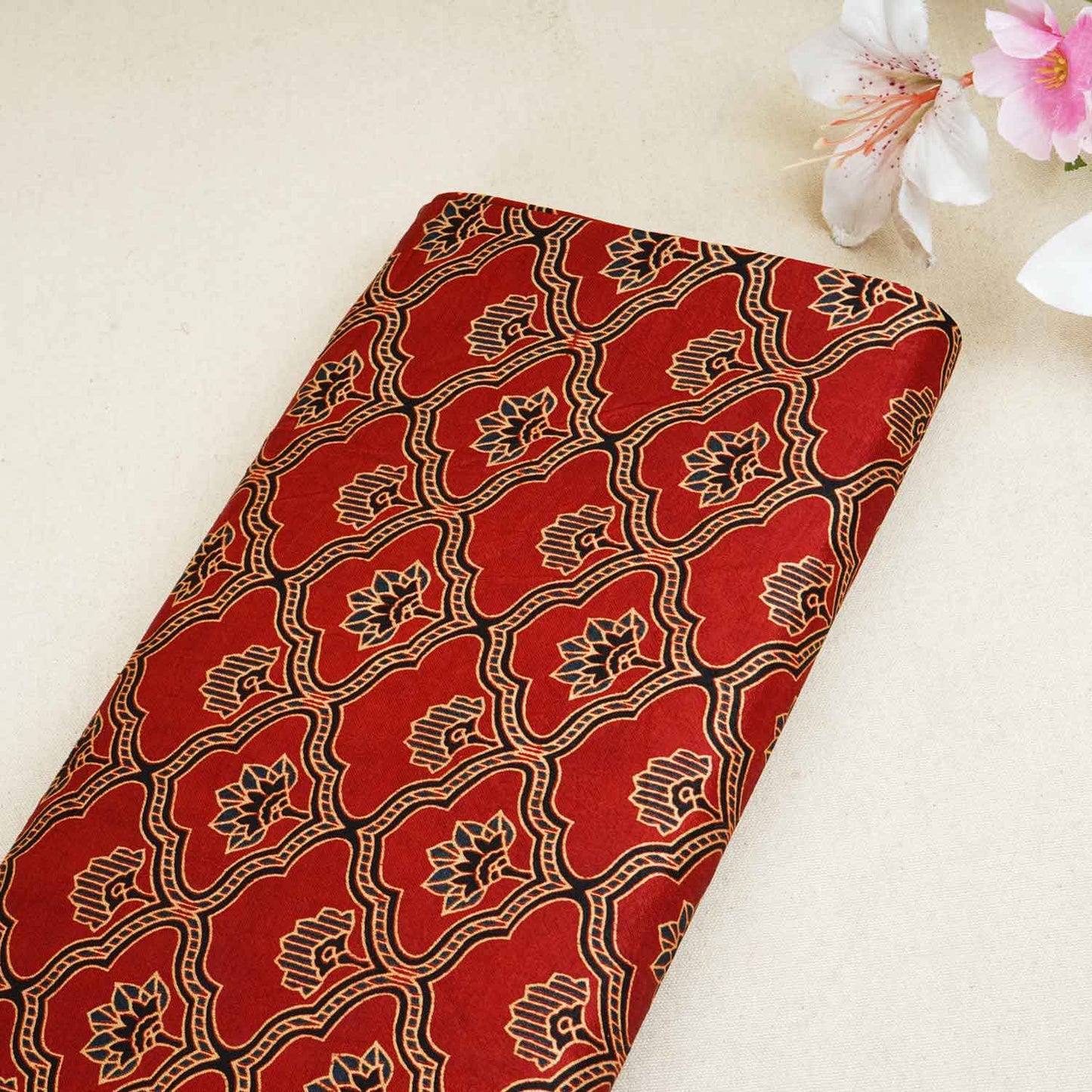 Red Floral Print Mashru Silk Fabric EEG-28368