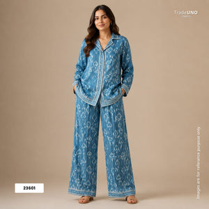 Blue Handblock Modal Satin Fabric 23601 - TradeUNO