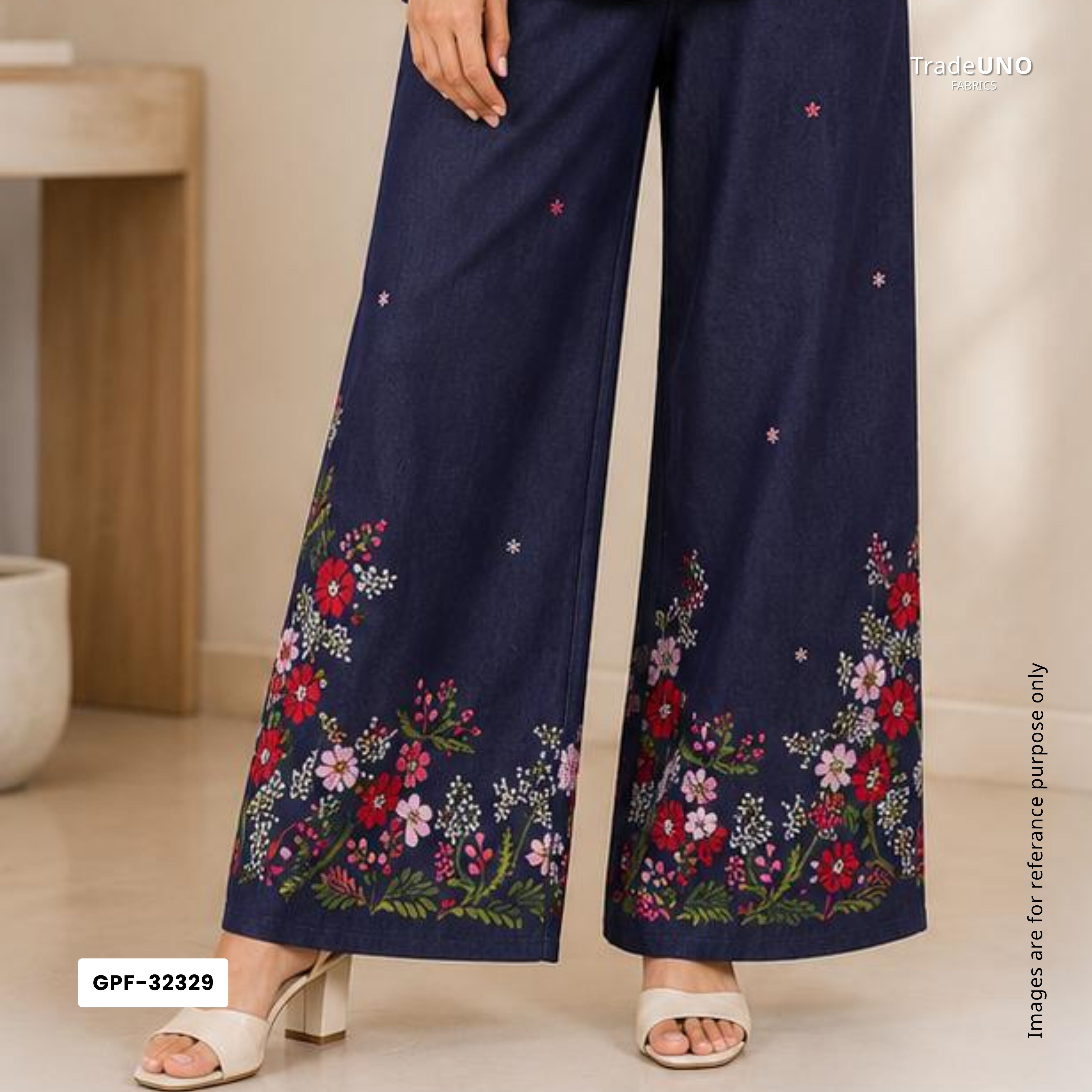 Dark Blue Floral Thread Embroidery Denim Fabric GPF-32329 - TradeUNO