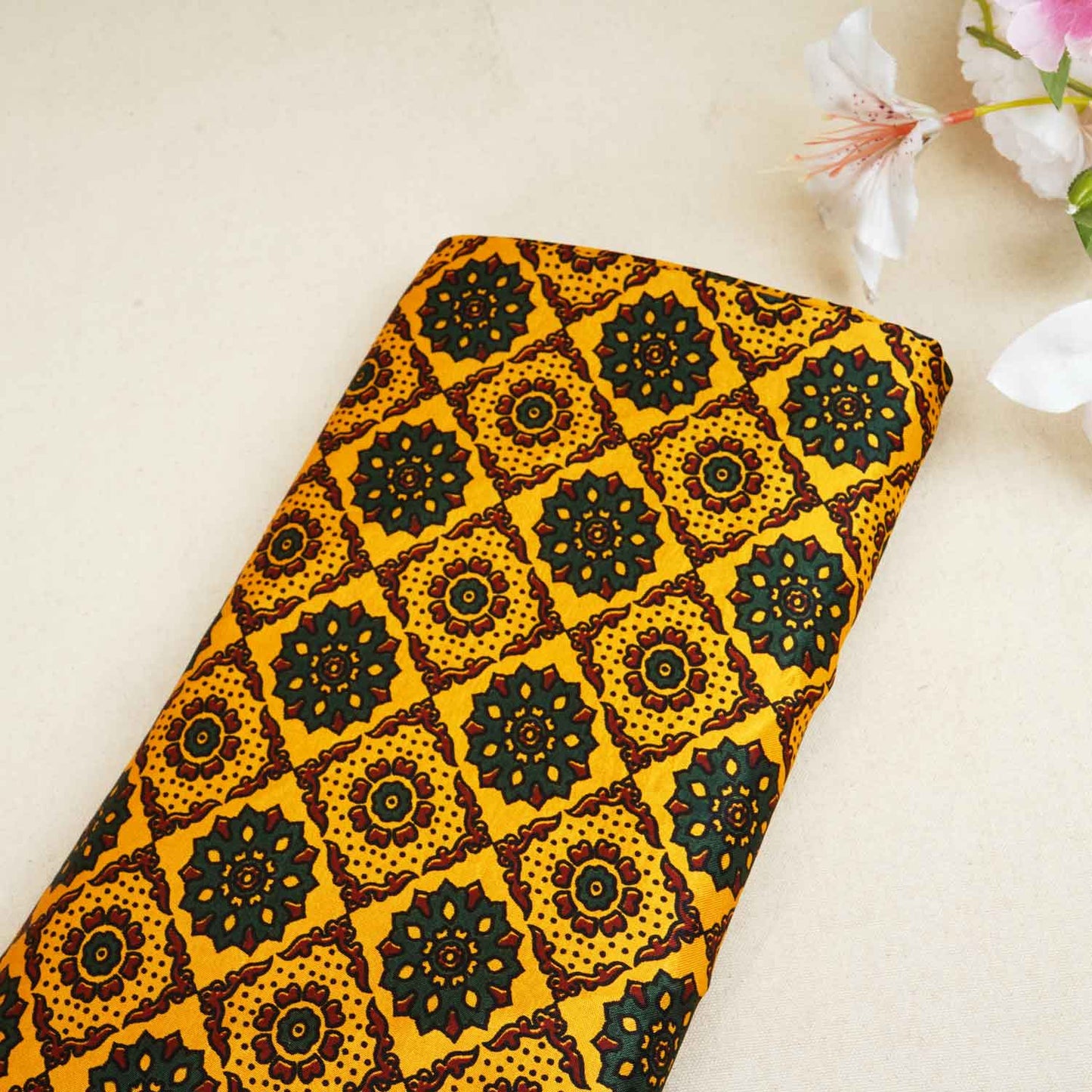 Yellow Ajrakh Print Mashru Silk Fabric EEG-28371