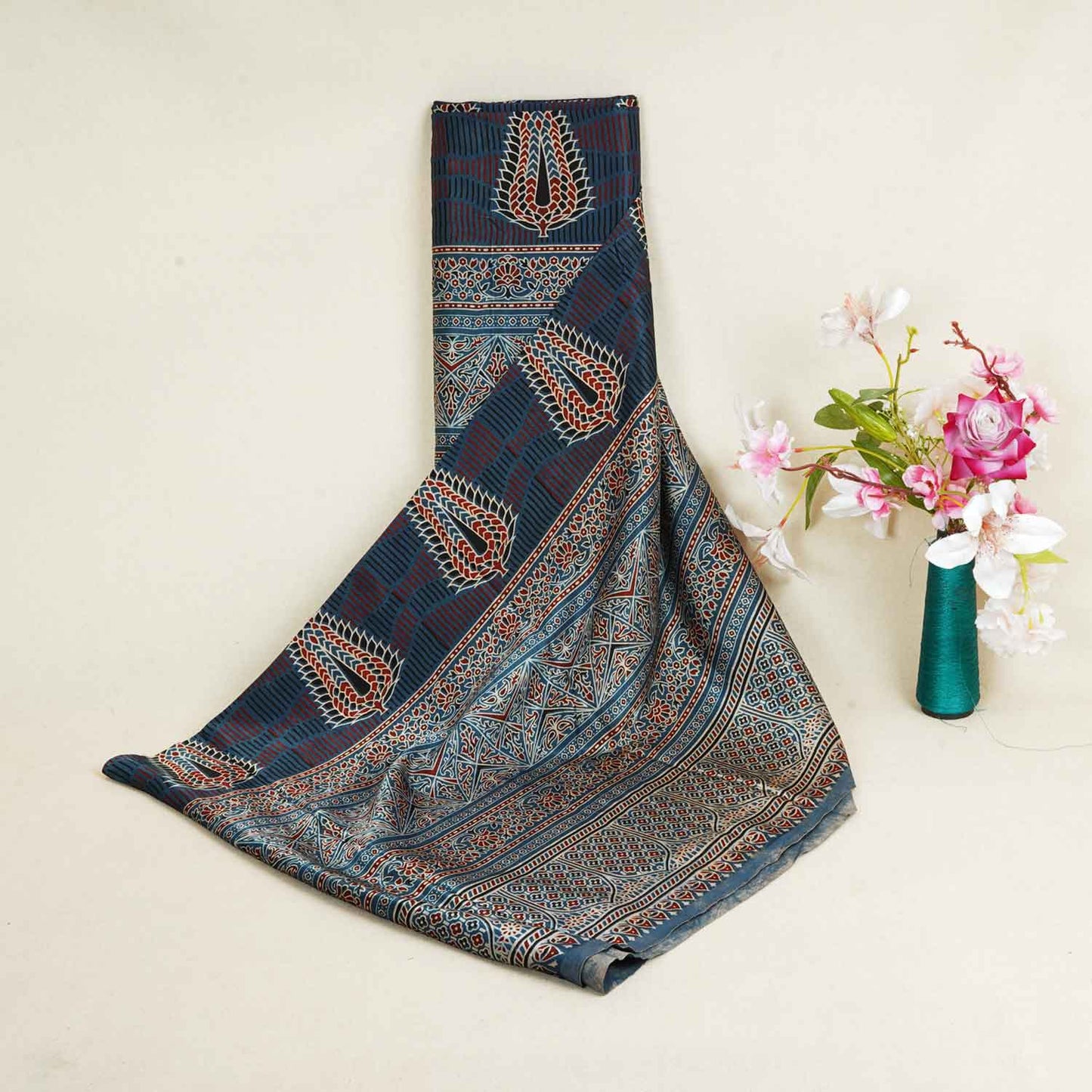 Teal Blue Ajrakh Print Mashru Silk Fabric EEG-28374
