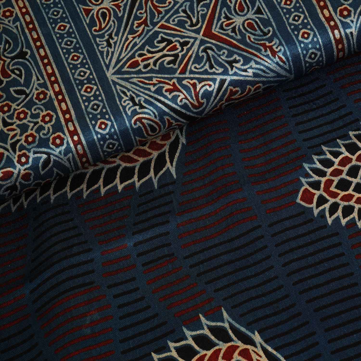 Teal Blue Ajrakh Print Mashru Silk Fabric EEG-28374 - TradeUNO
