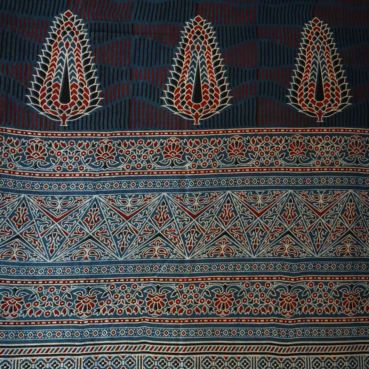 Teal Blue Ajrakh Print Mashru Silk Fabric EEG-28374 - TradeUNO