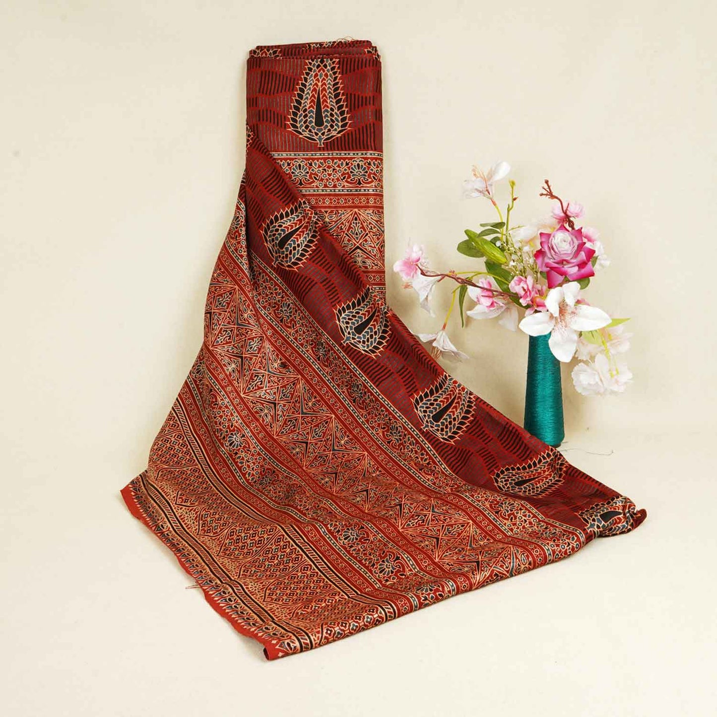 Red Ajrakh Print Mashru Silk Fabric EEG-28377