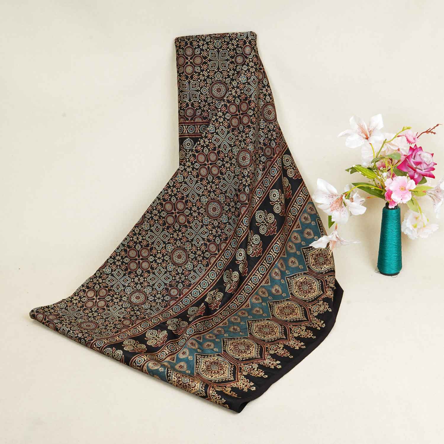 Black Ajrakh Print Mashru Silk Fabric EEG-28379 - TradeUNO