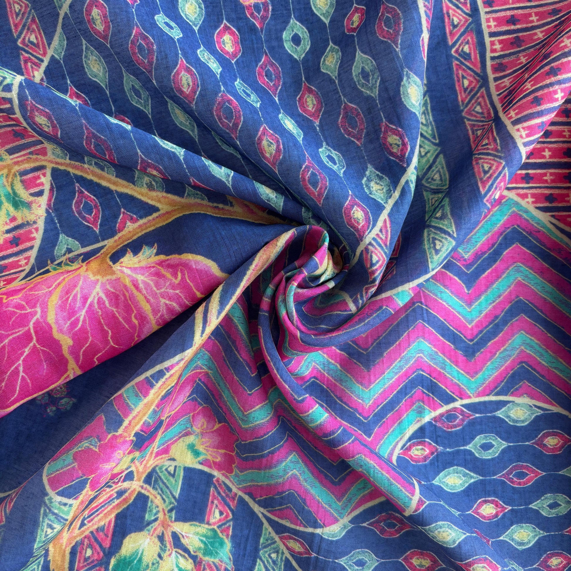 Blue Floral Print Chanderi Silk Fabric