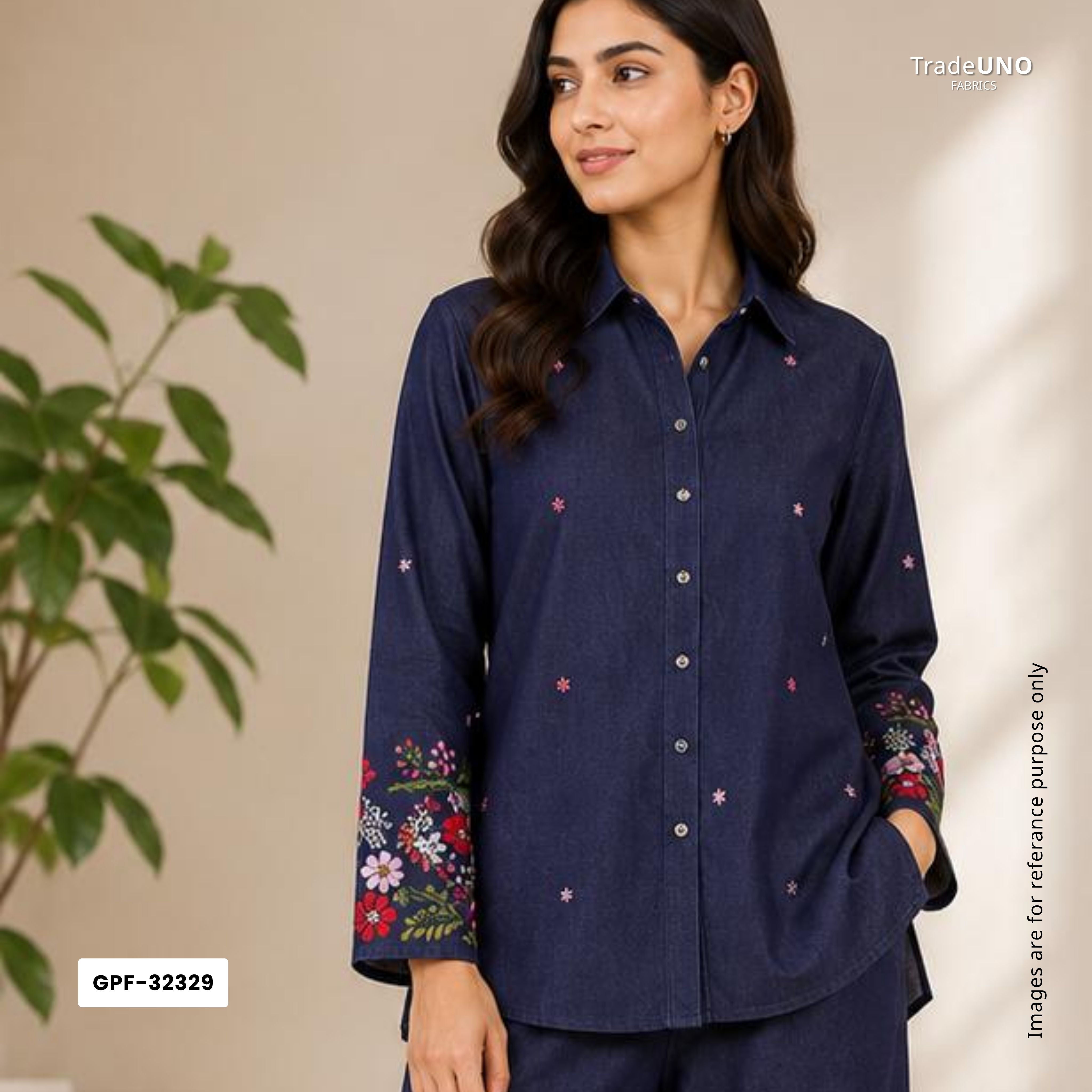 Dark Blue Floral Thread Embroidery Denim Fabric GPF-32329 - TradeUNO