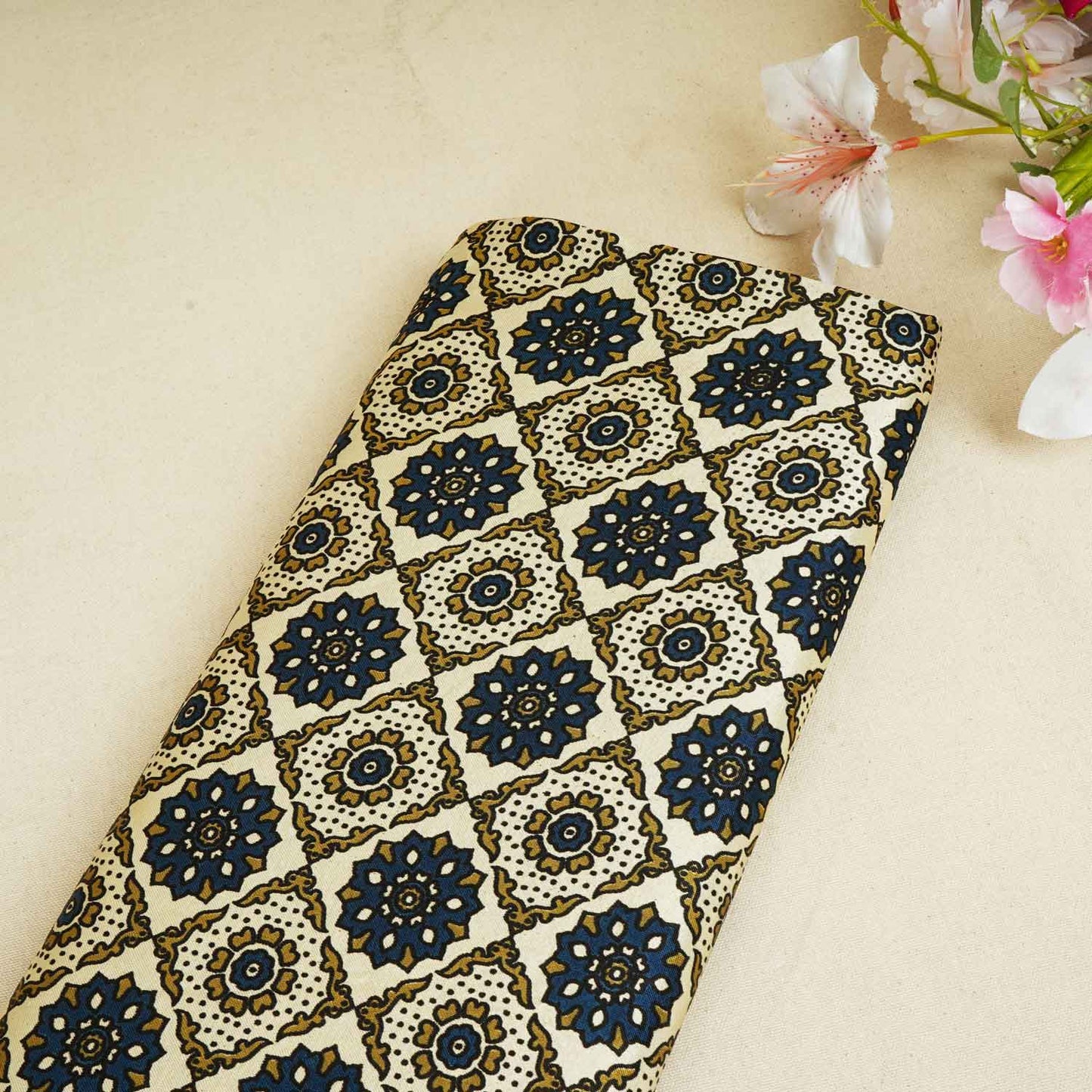 Peach Ajrakh Print Mashru Silk Fabric EEG-28382