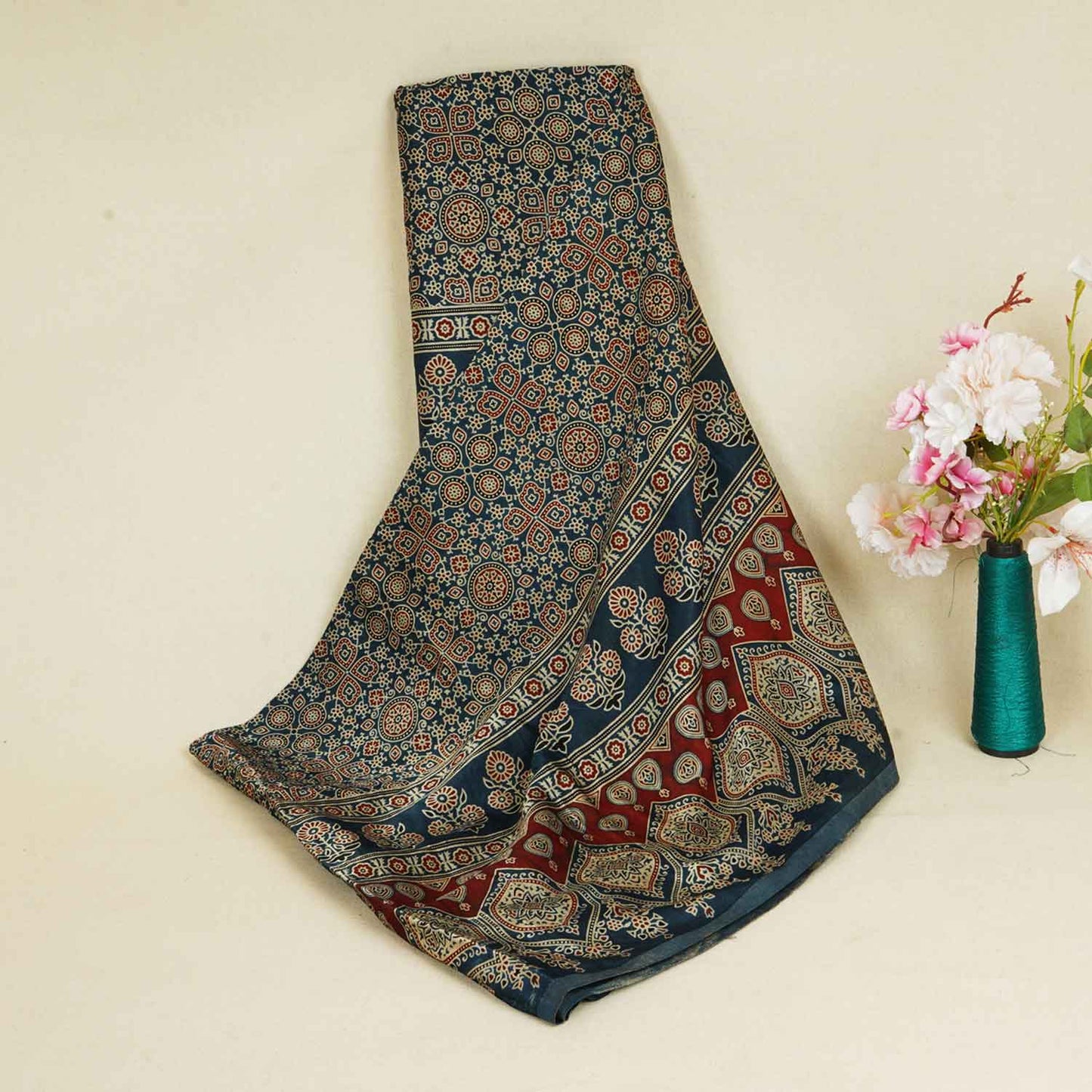 Teal Blue Ajrakh Print Mashru Silk Fabric EEG-28385