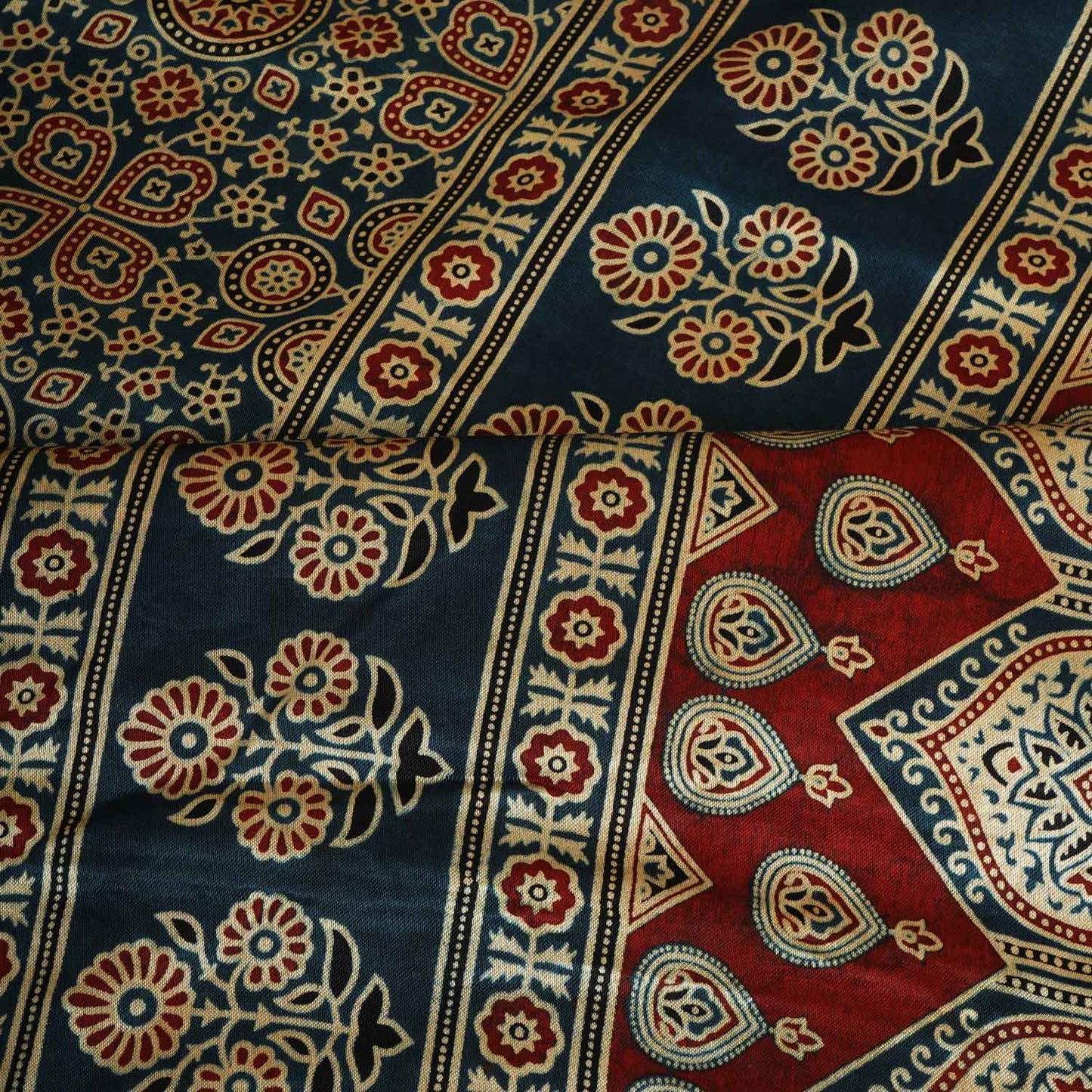 Teal Blue Ajrakh Print Mashru Silk Fabric EEG-28385