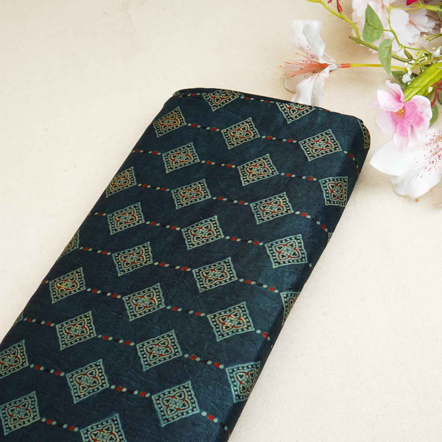 Teal Blue Floral Print Mashru Silk Fabric EEG-28389 - TradeUNO
