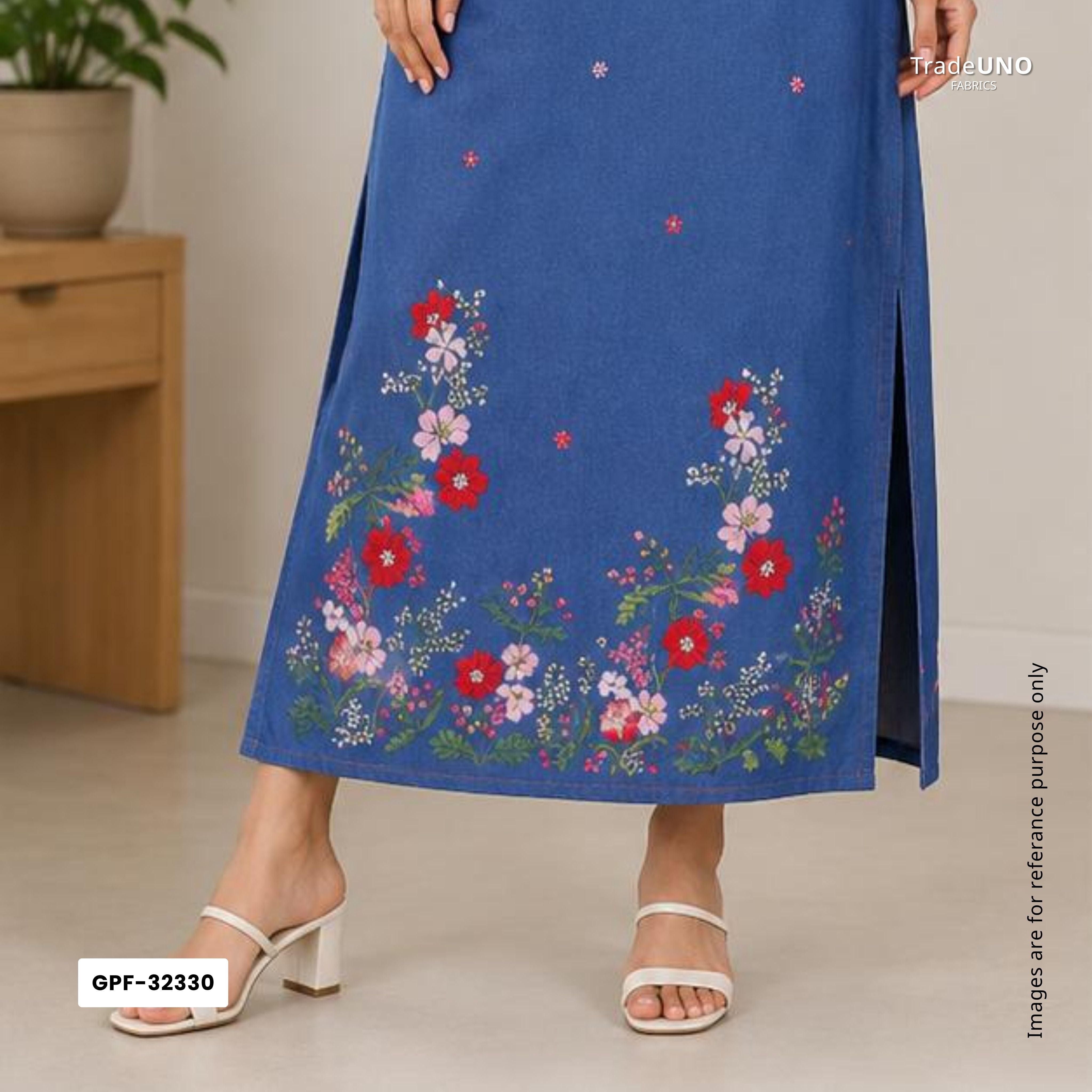 Blue Floral Thread Embroidery Denim Fabric GPF-32330 - TradeUNO