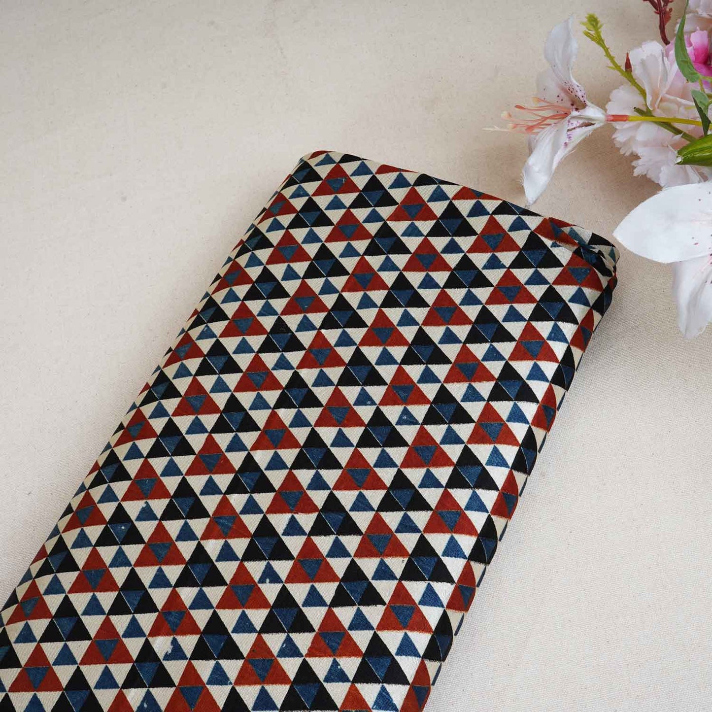 Cream Geometrical Print Mashru Silk Fabric EEG-28391 - TradeUNO