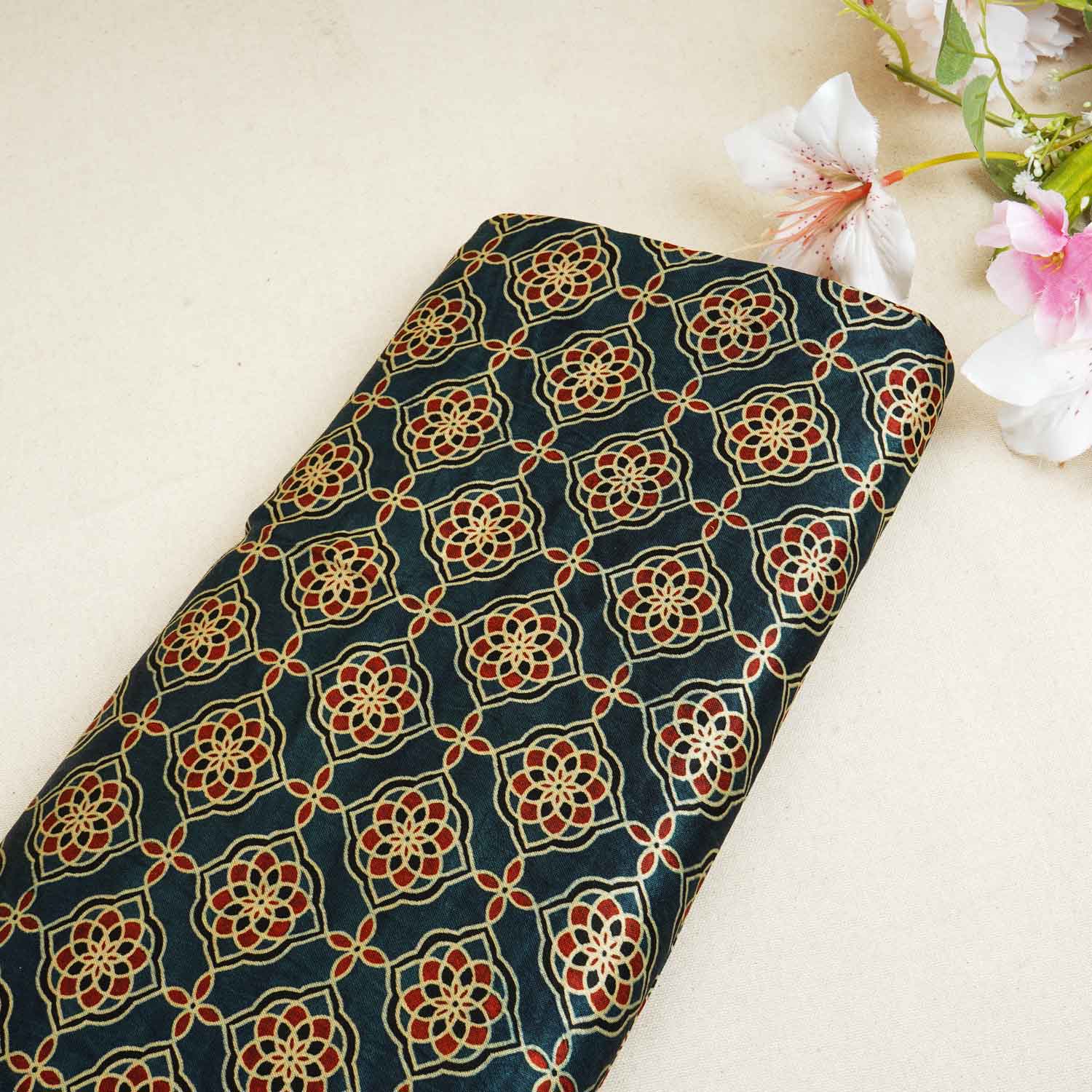 Teal Blue Floral Print Mashru Silk Fabric EEG-28392 - TradeUNO