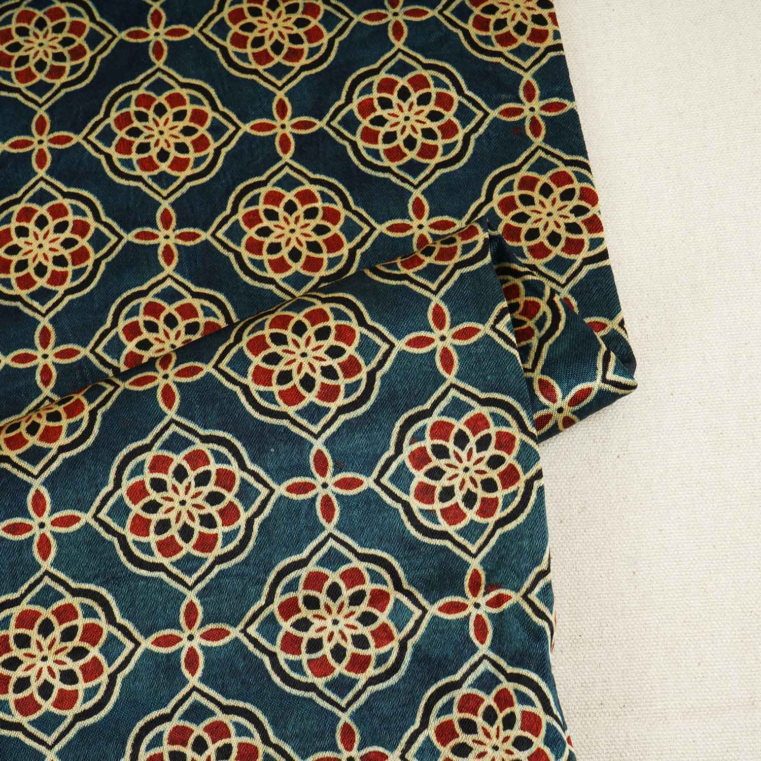 Teal Blue Floral Print Mashru Silk Fabric EEG-28392 - TradeUNO