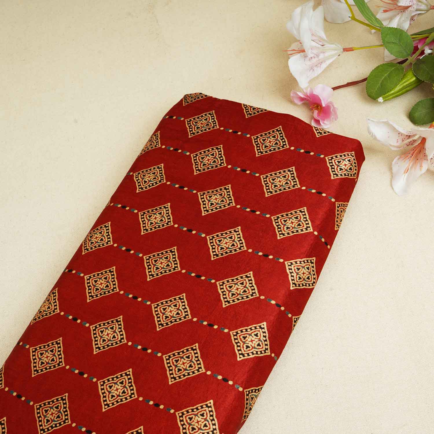 Red Floral Print Mashru Silk Fabric EEG-28396 - TradeUNO