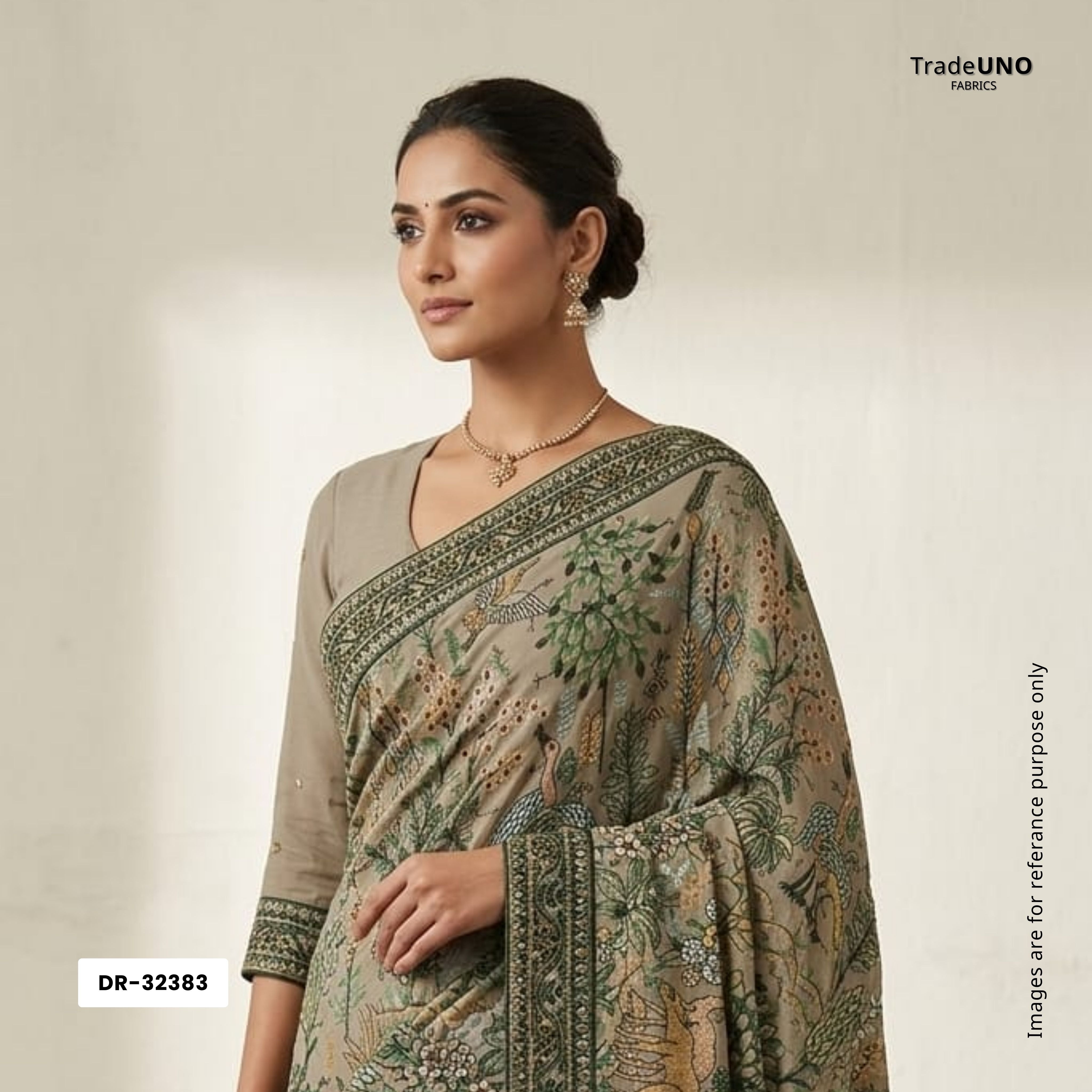 Greige Thread Embroidery Georgette Fabric DR-32383 - TradeUNO