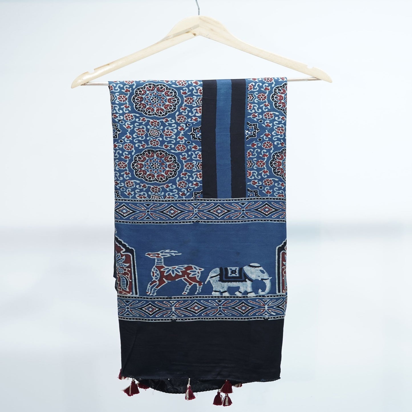 Black with Teal Blue Ajrakh print Modal Silk Kaftan EEG-31612