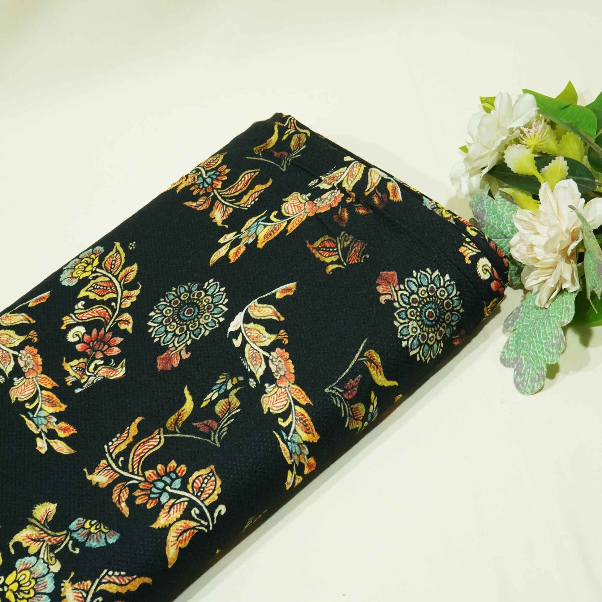 Black Floral Printed Viscose Fabric TU 4440
