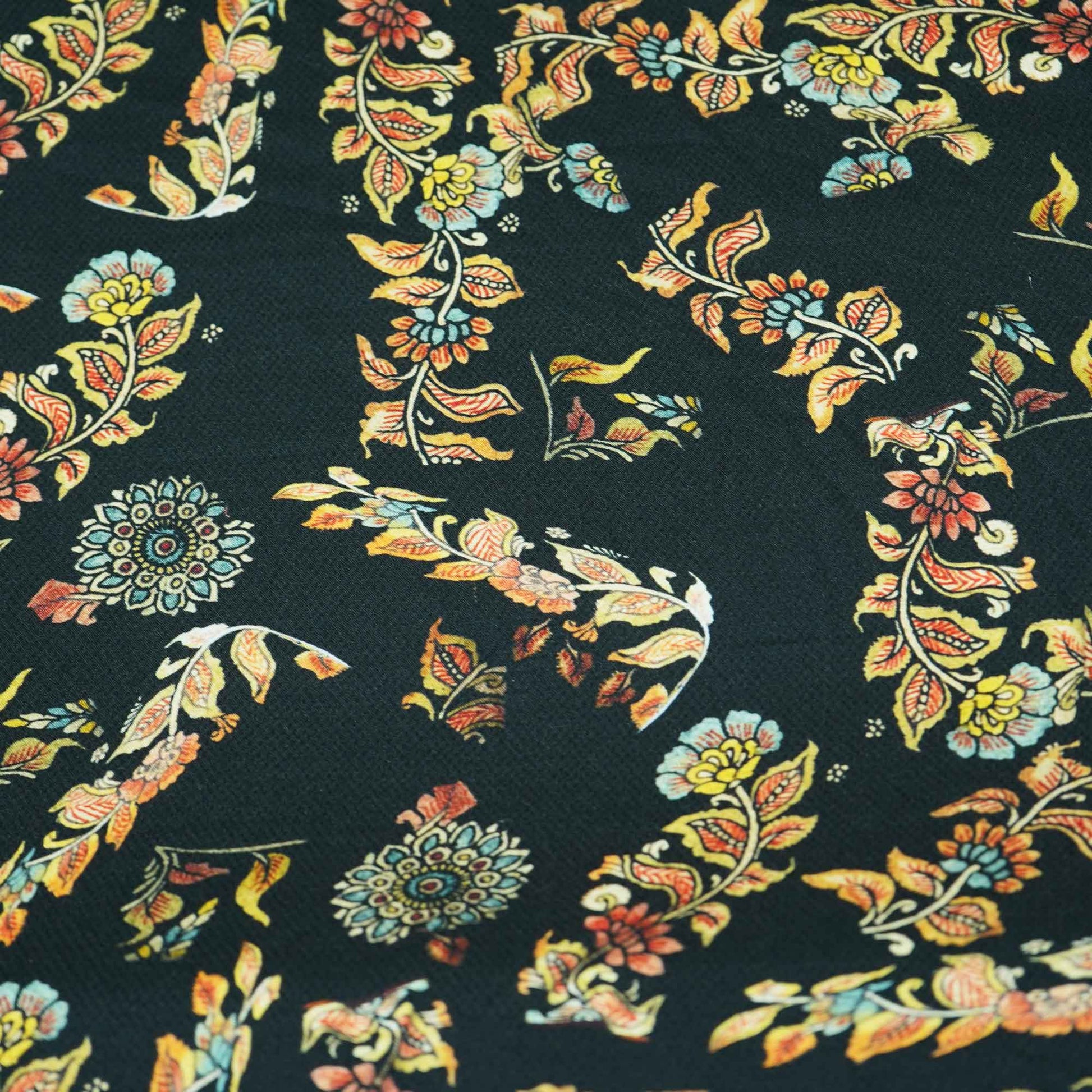 Black Floral Printed Viscose Fabric TU 4440