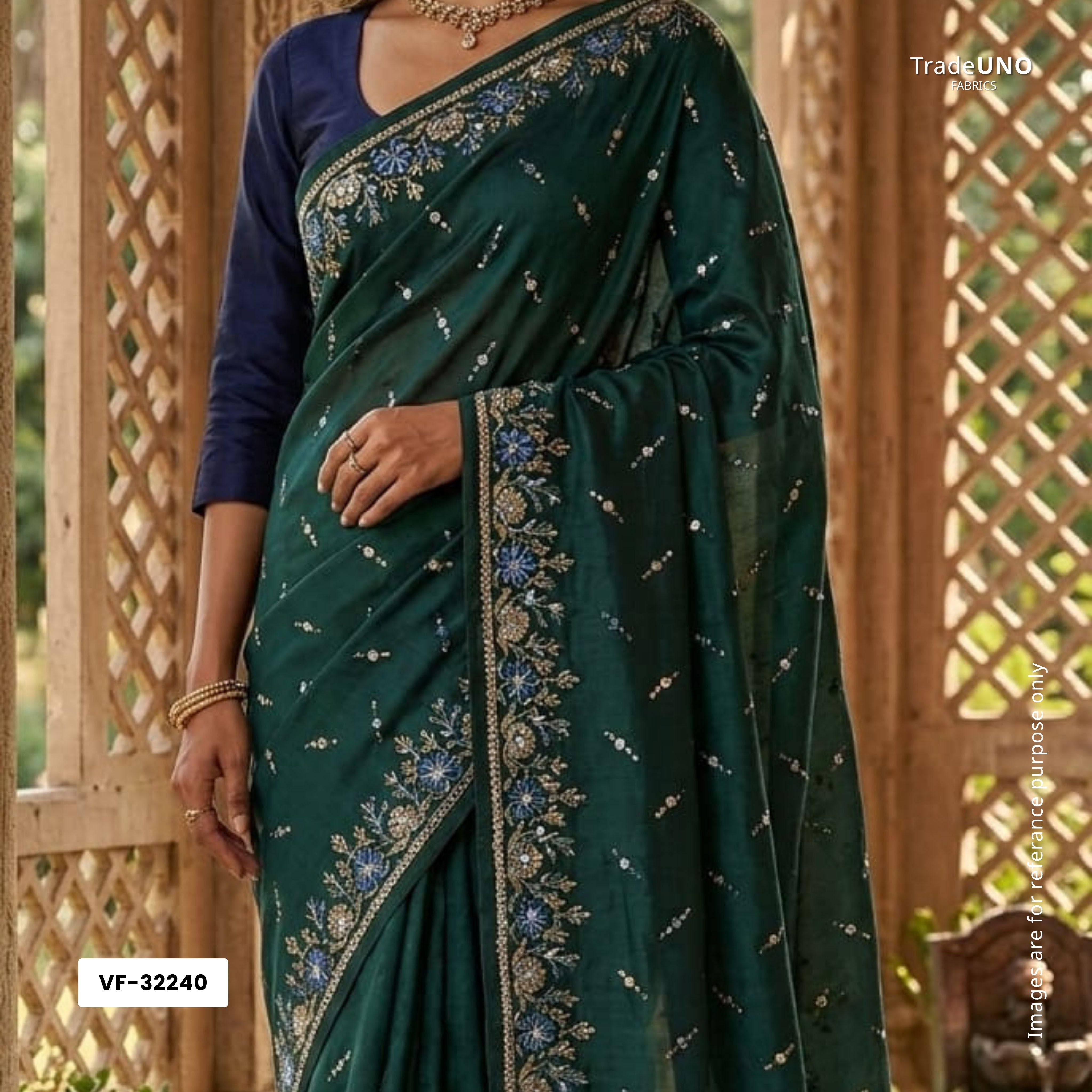 Dark Green with Blue 4D Buti embroidery Malai Chanderi Fabric VF-32240 - TradeUNO