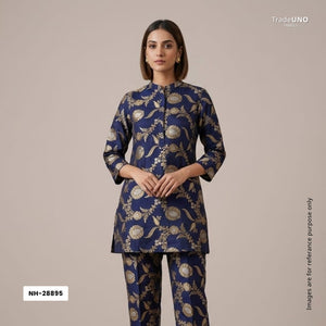 Navy Blue Floral Jaal Katan Silk Fabric NH-28895 - TradeUNO