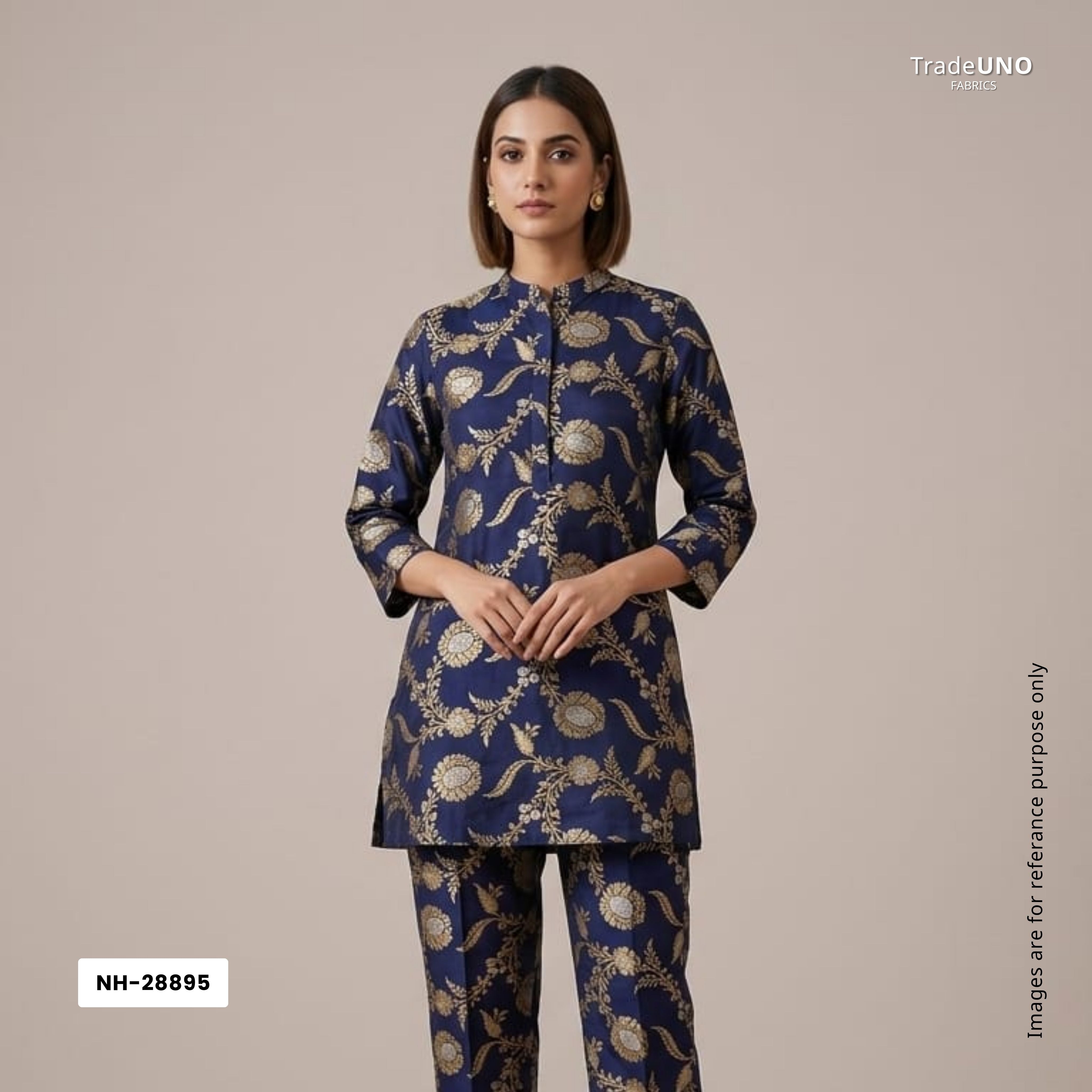 Navy Blue Floral Jaal Katan Silk Fabric NH-28895 - TradeUNO