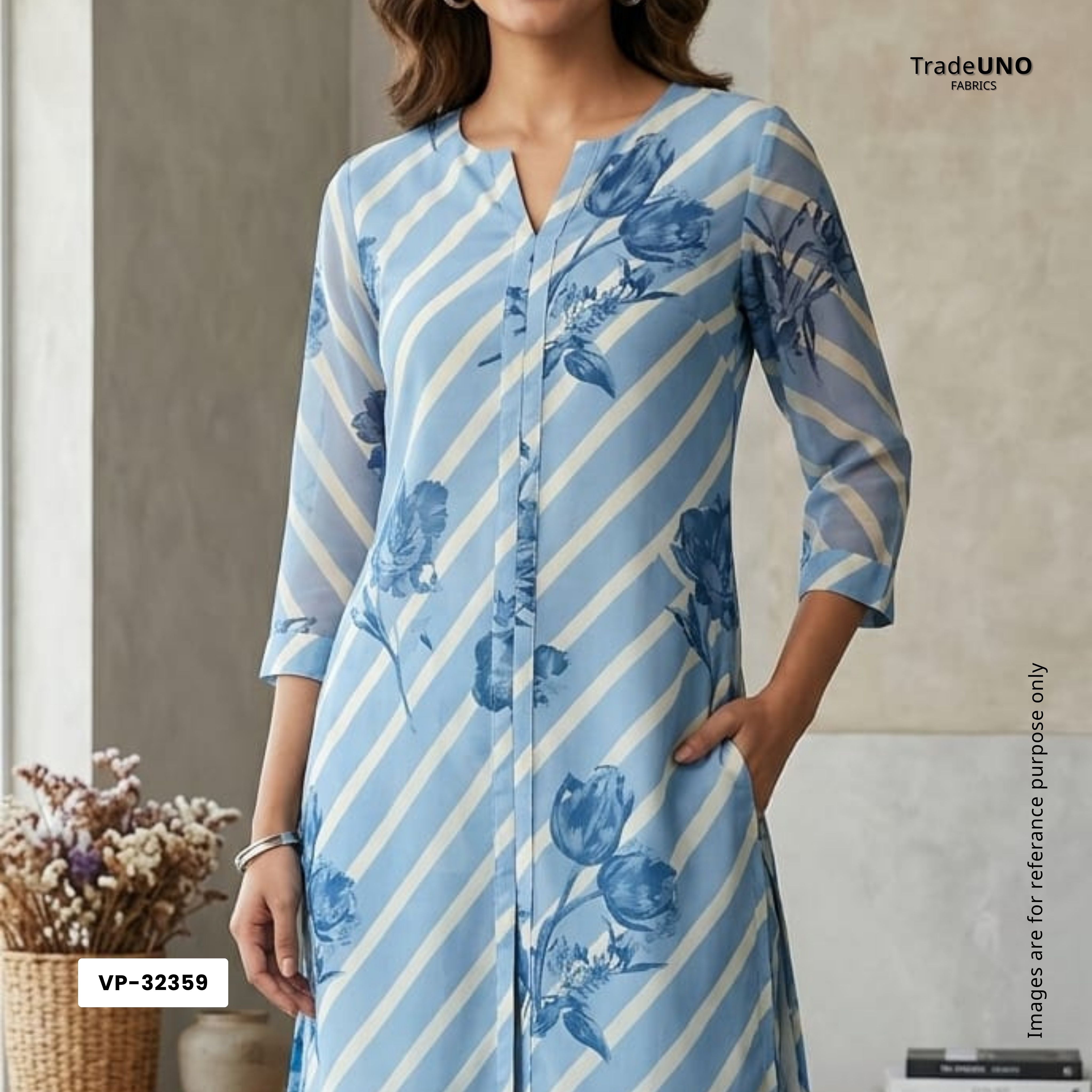 Blue With Cream Floral Print Georgette Fabric VP-32359 - TradeUNO