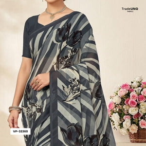 Black With Cream Floral Print Georgette Fabric VP-32360 - TradeUNO