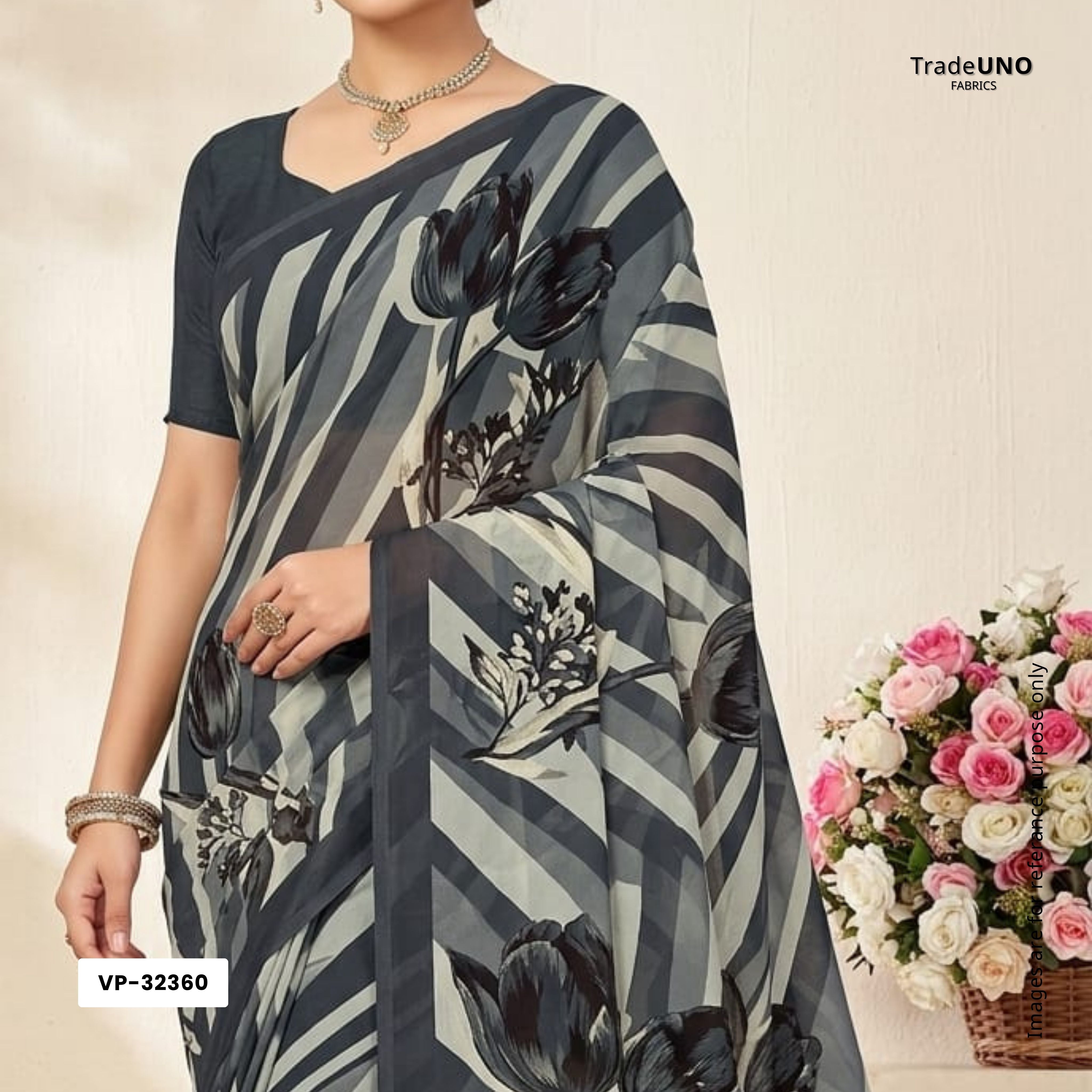 Black With Cream Floral Print Georgette Fabric VP-32360 - TradeUNO