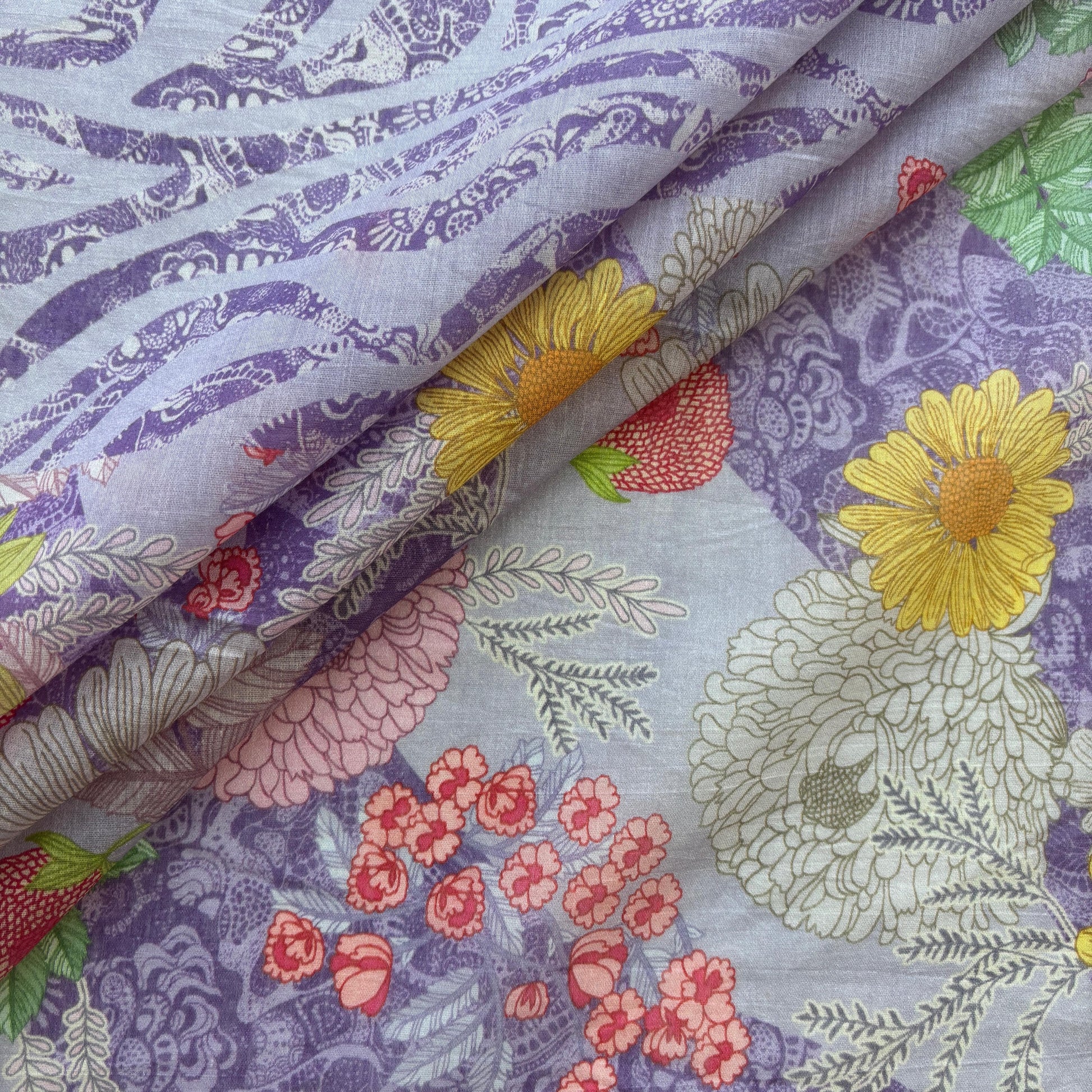 Purple Multicolor Floral Print Chanderi Silk Fabric