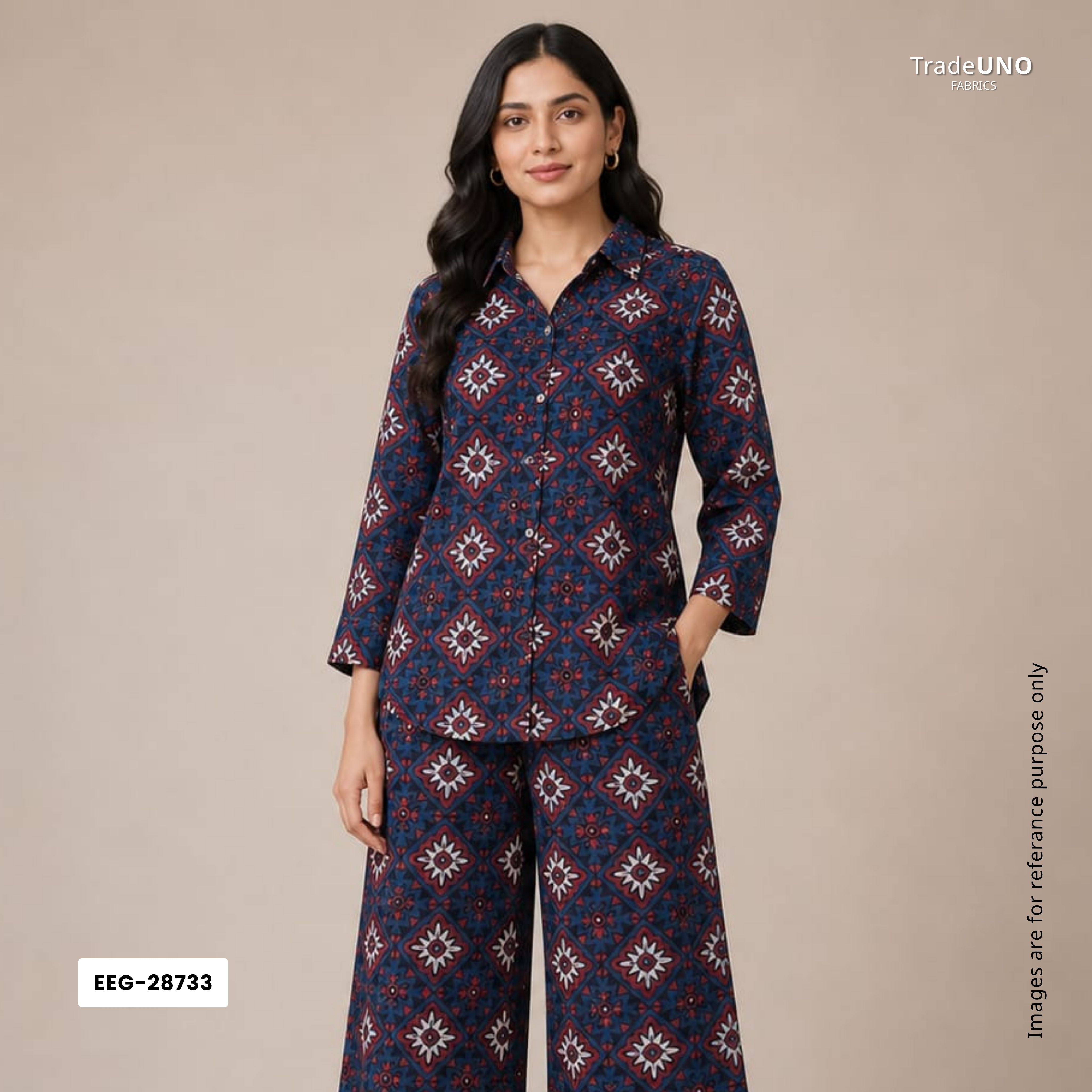 Navy Blue Ajrakh Print Modal Satin Fabric EEG-28733 - TradeUNO