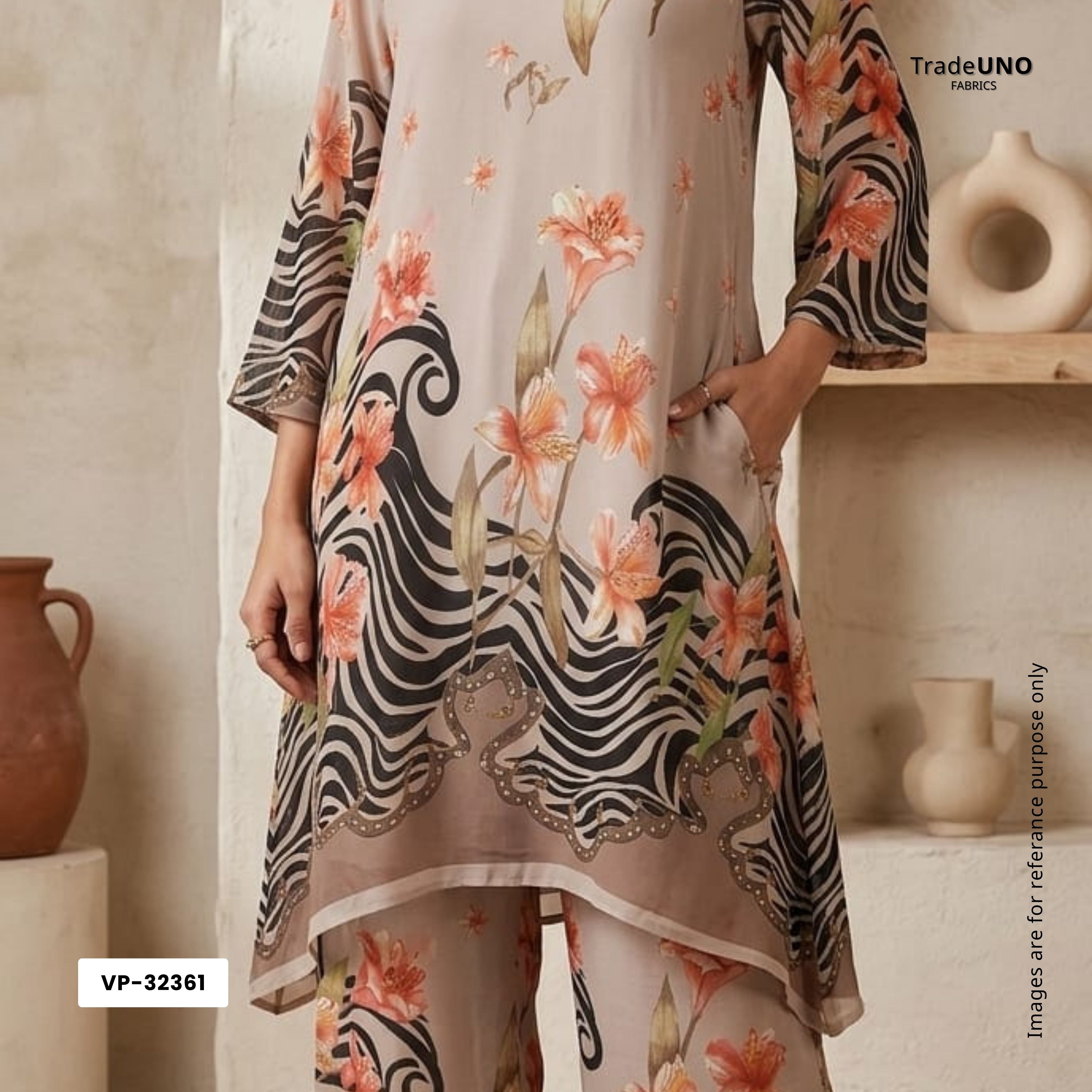 Greige Floral Print Georgette Fabric VP-32361 - TradeUNO