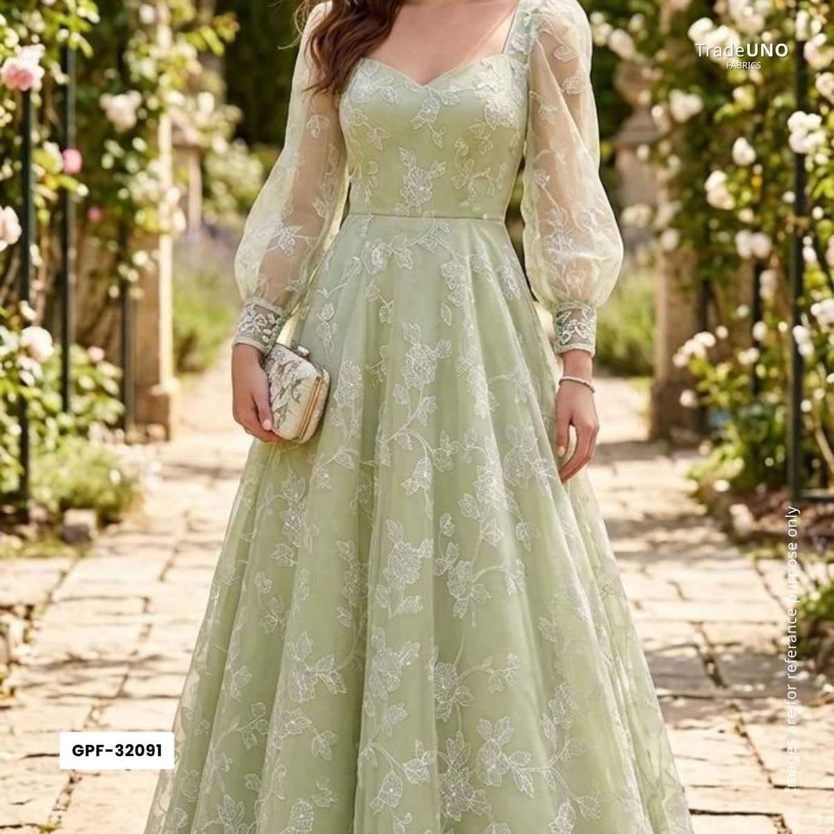Green floral thread & Sequins embroidery Pure 27gm Organza Fabric GPF-32091 - TradeUNO