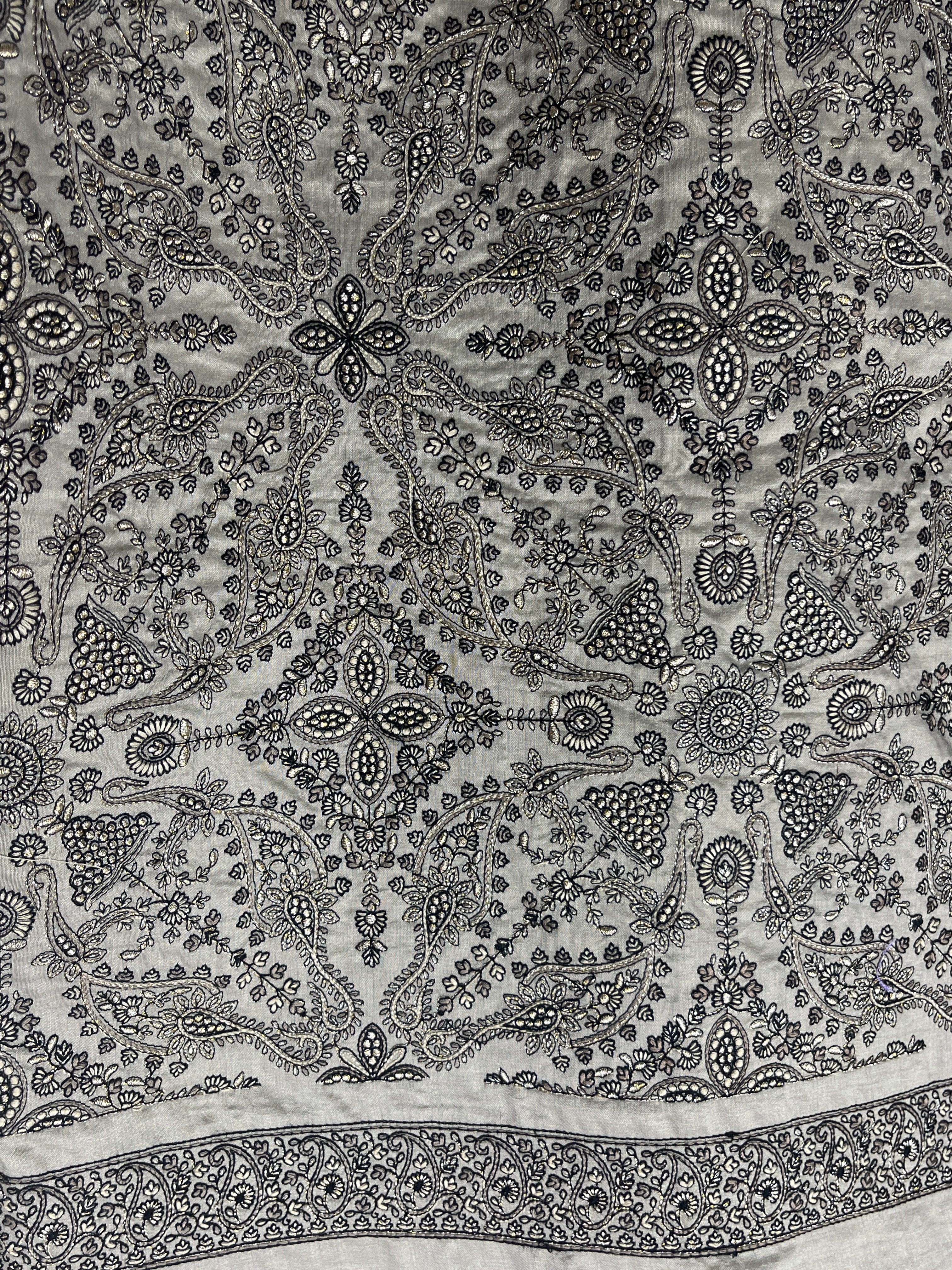 Beige Kashmiri Paisley Jaal Embroidery Silk Fabric DR-32385