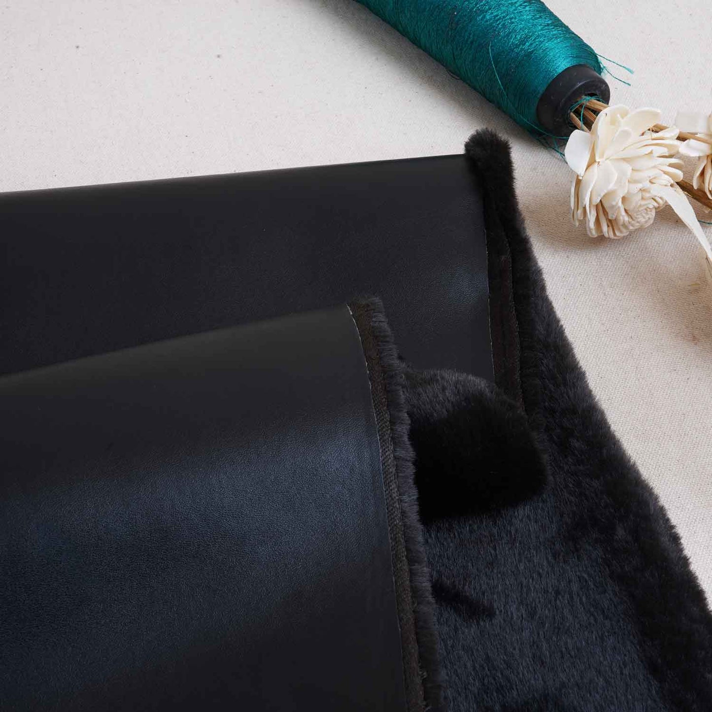 Black Solid Leather Fur Fabric PDM-28533