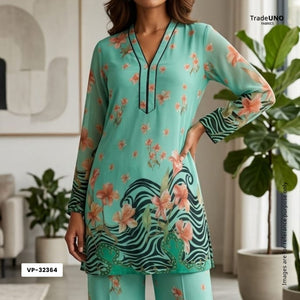 Turquoise Floral Print Georgette Fabric VP-32364 - TradeUNO