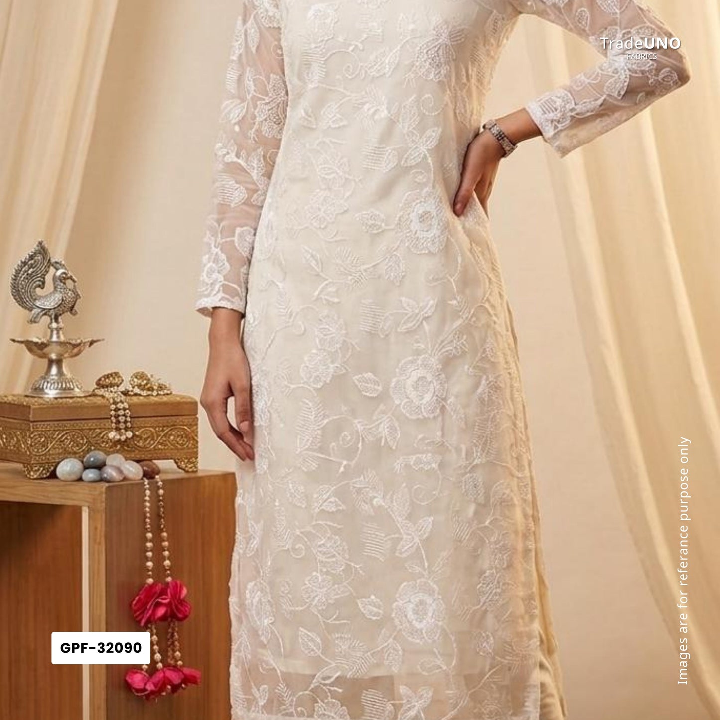 White floral thread & Sequins embroidery Pure 27gm Organza Fabric GPF-32090 - TradeUNO