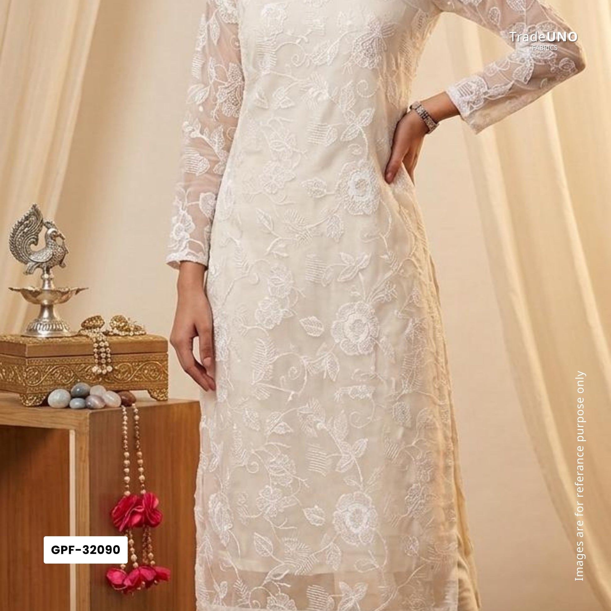 White floral thread & Sequins embroidery Pure 27gm Organza Fabric GPF-32090 - TradeUNO