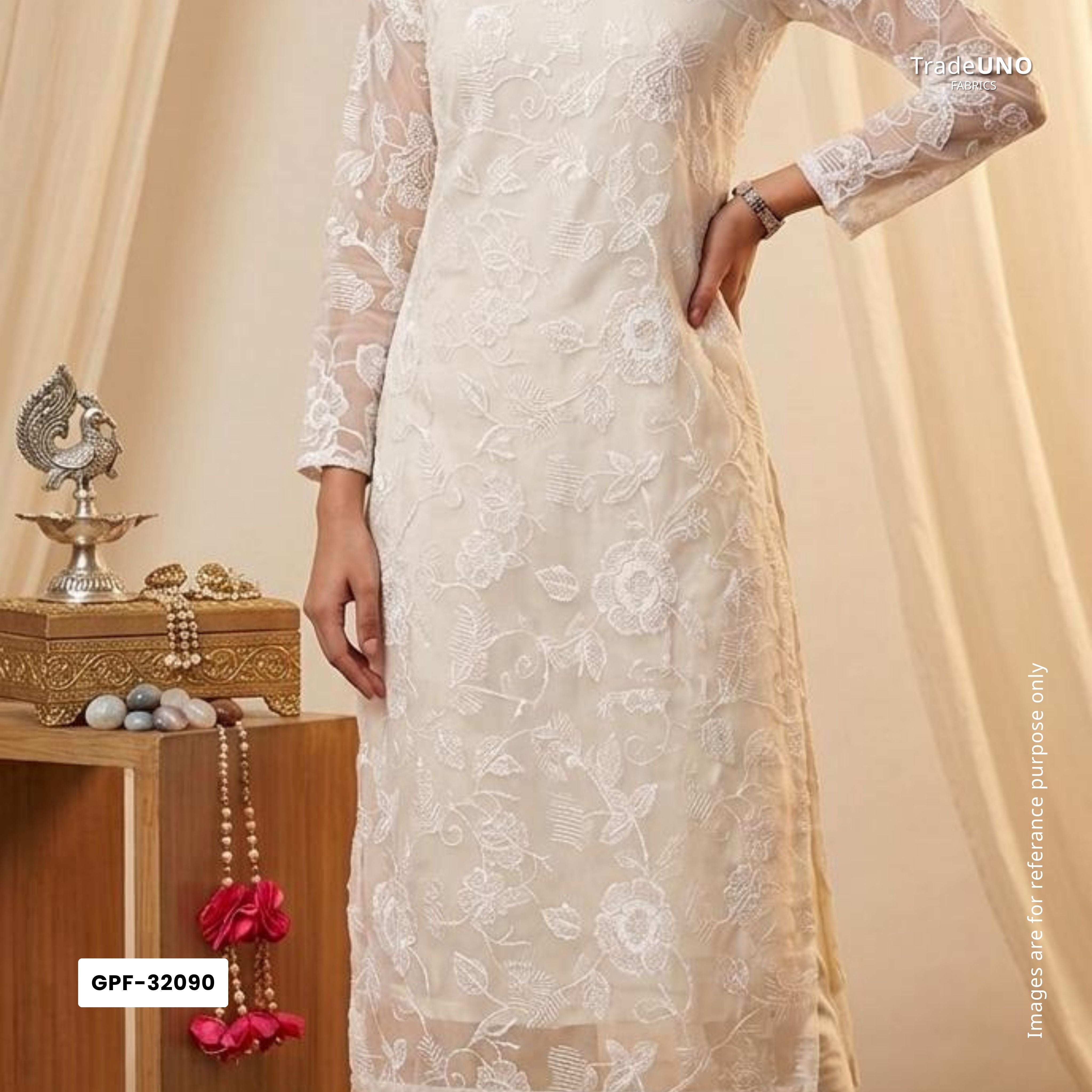 White floral thread & Sequins embroidery Pure 27gm Organza Fabric GPF-32090 - TradeUNO