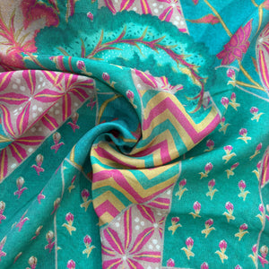 Green Floral Print Chanderi Silk Fabric