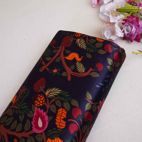 Navy Blue Madhubani Print Modal Satin Fabric MF-28558