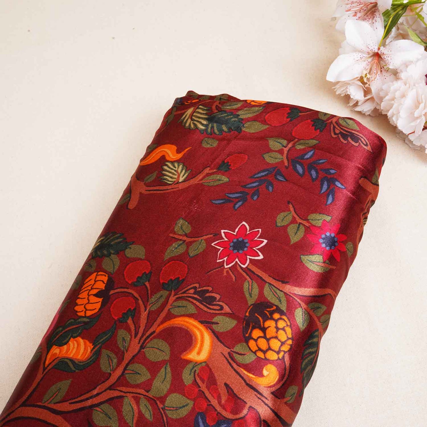 Wine Madhubani Print Modal Satin Fabric MF-28559