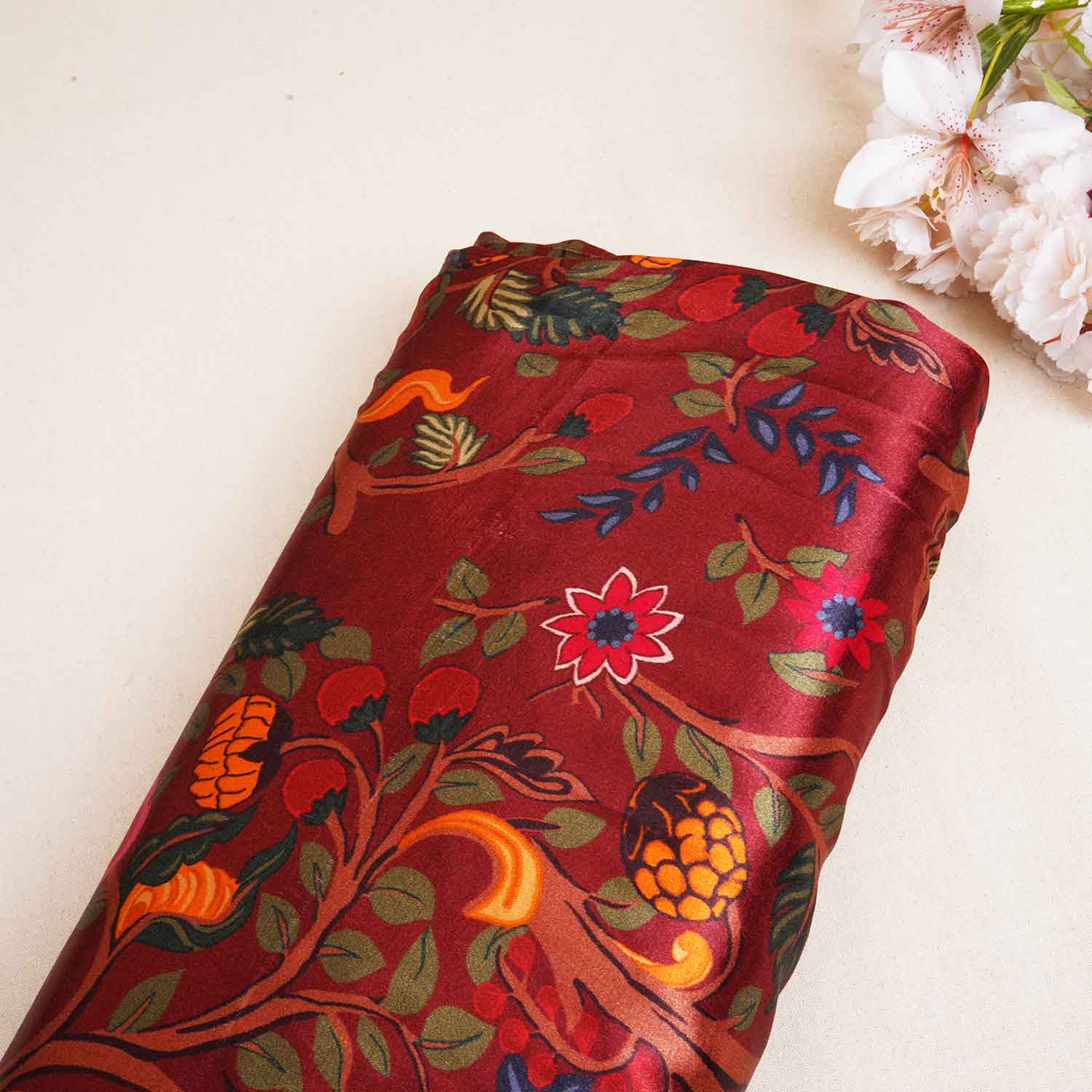 Wine Madhubani Print Modal Satin Fabric MF-28559 - TradeUNO