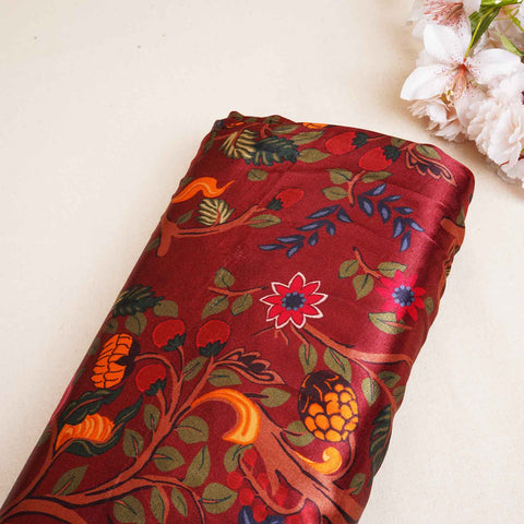 Wine Madhubani Print Modal Satin Fabric MF-28559