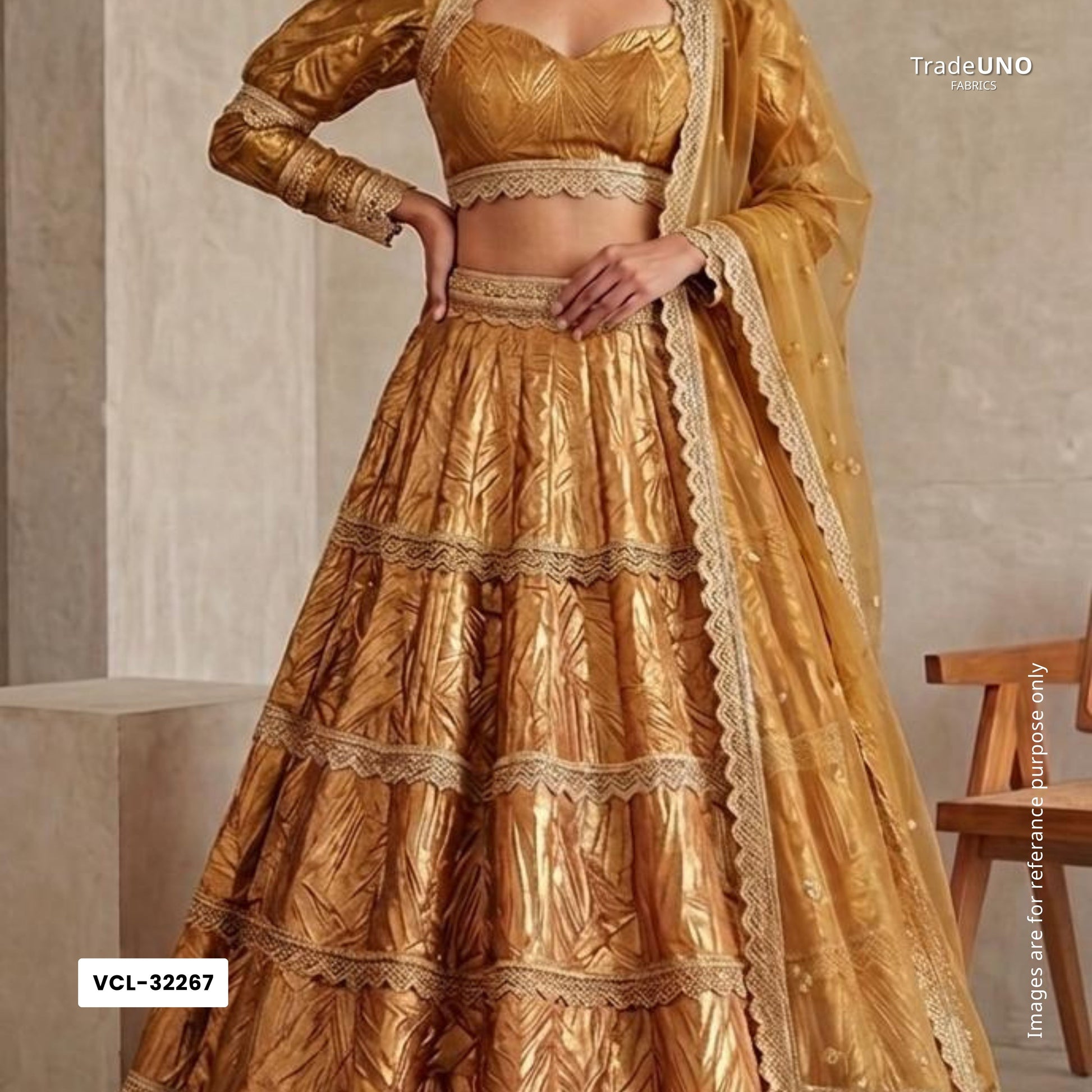 Light Gold Solid Zari Crush Fabric VCL-32267 - TradeUNO