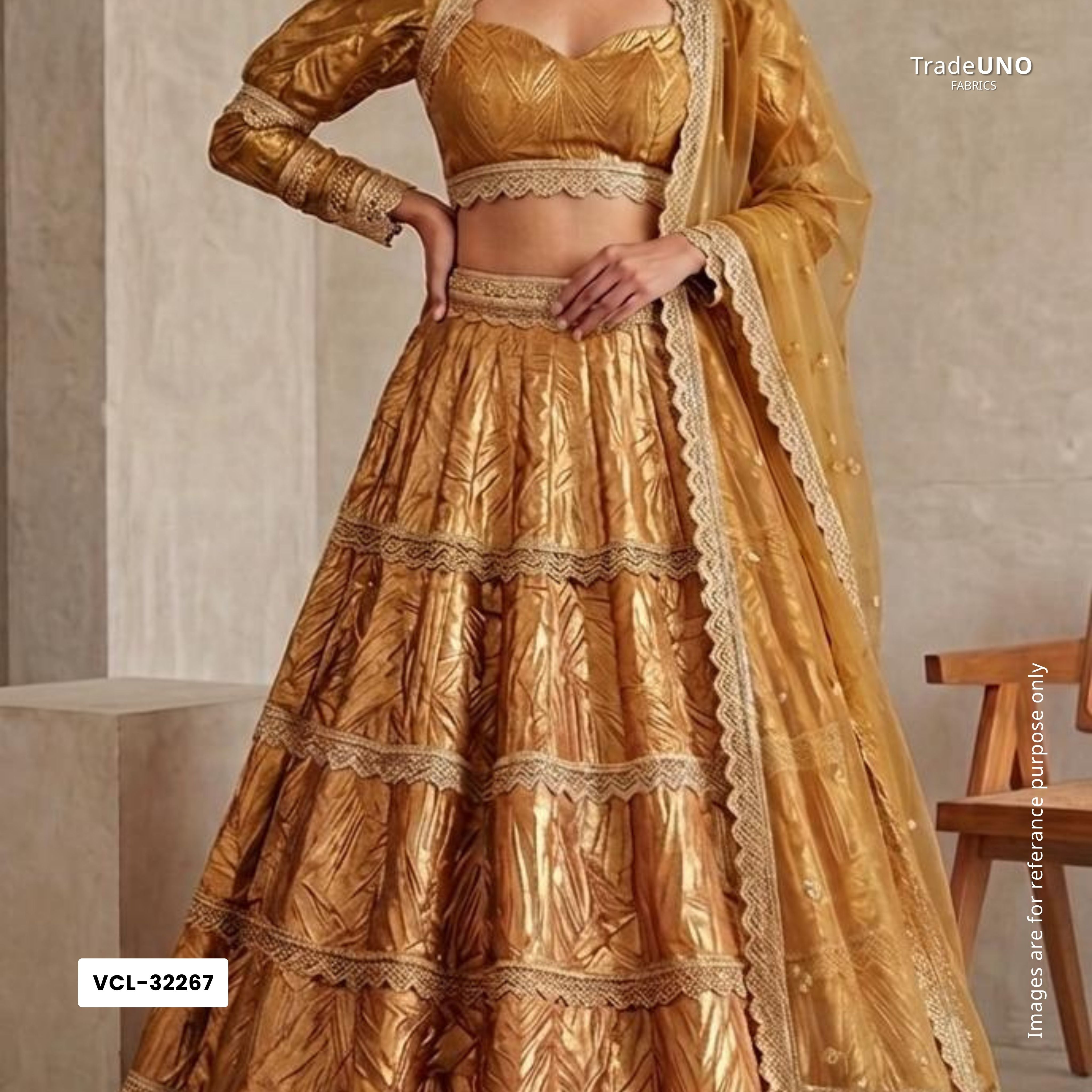 Light Gold Solid Zari Crush Fabric VCL-32267 - TradeUNO