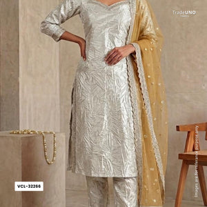 Silver Solid Zari Crush Fabric VCL-32266 - TradeUNO