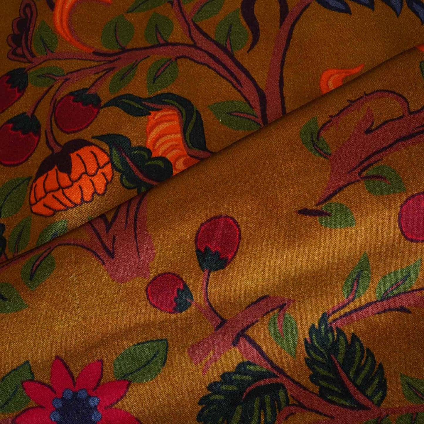Mustard Yellow Madhubani Print Modal Satin Fabric MF-28560