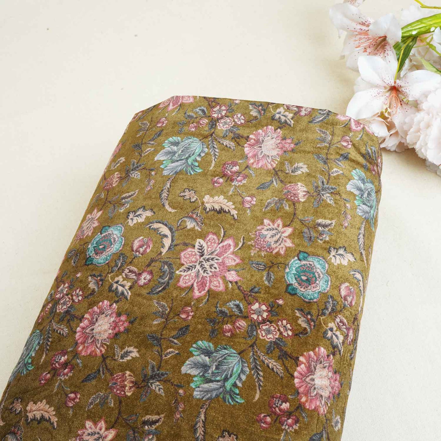 Parrot Green Floral Print Micro Velvet 9000 Fabric MF-28565